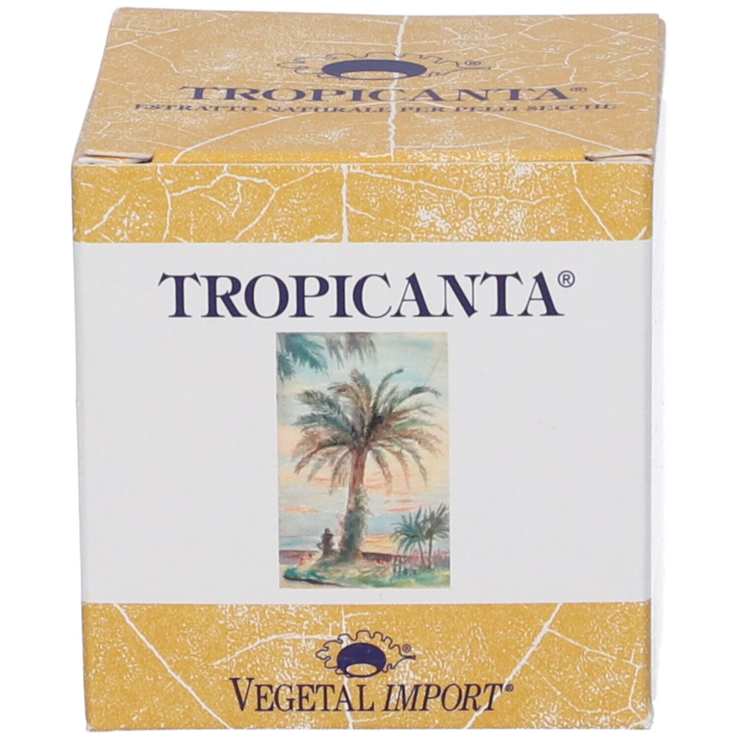 Scatola con scritta "Tropicanta". Immagine di una palma. Colori giallo e bianco.