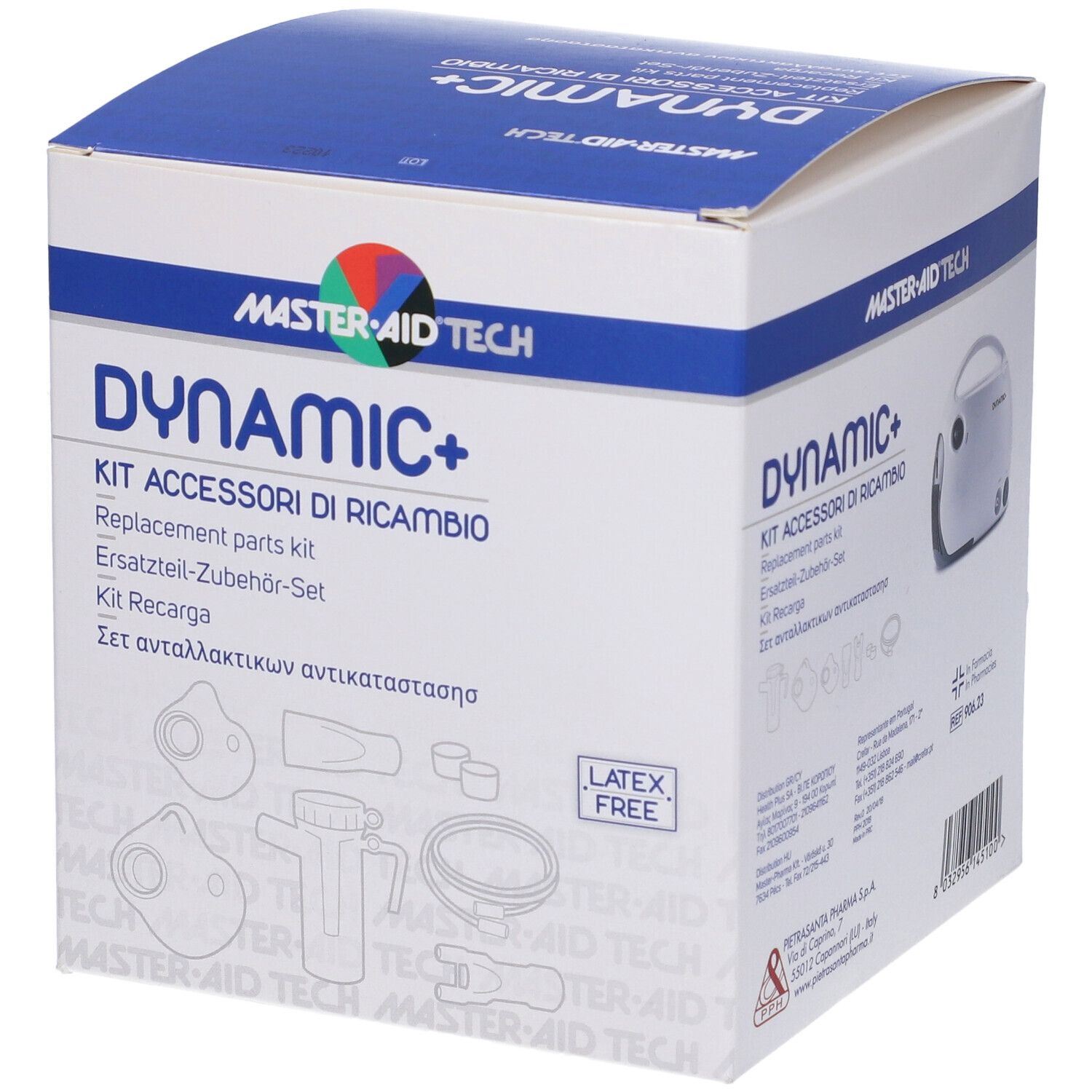 Confezione con nome prodotto Dynamic+ e logo. Contiene ricambi. Senza lattice.