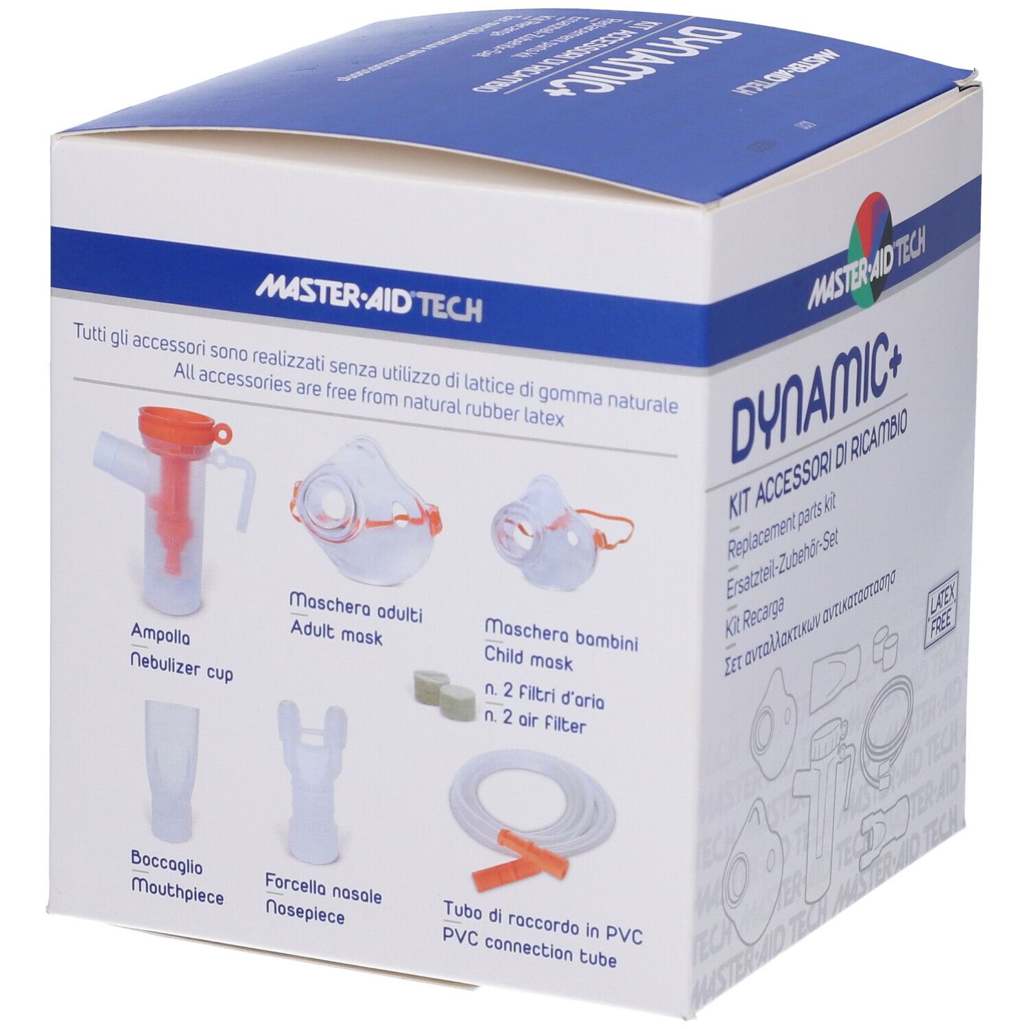 Confezione con nome prodotto Dynamic+ e logo. Contiene ricambi. Senza lattice.