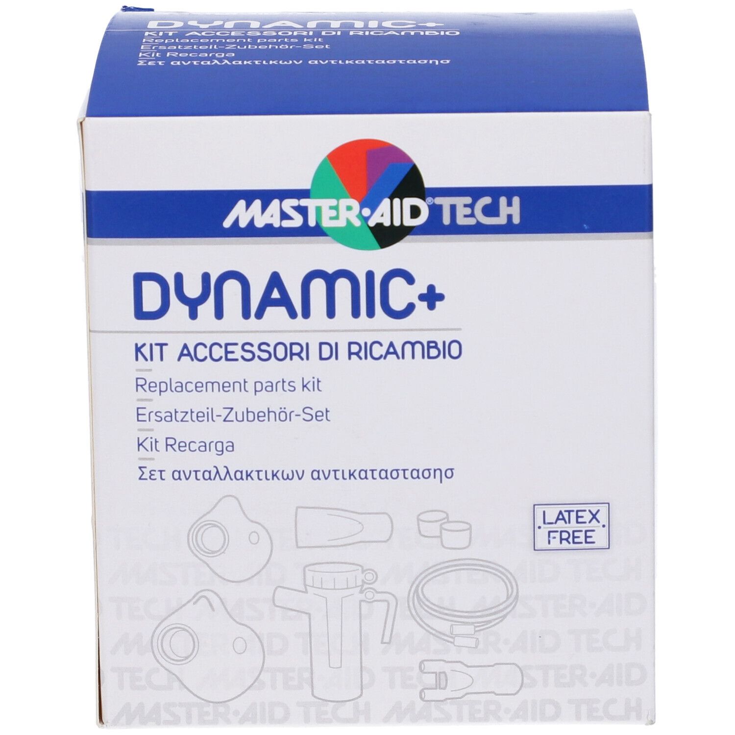 Confezione con nome prodotto Dynamic+ e logo. Contiene ricambi. Senza lattice.