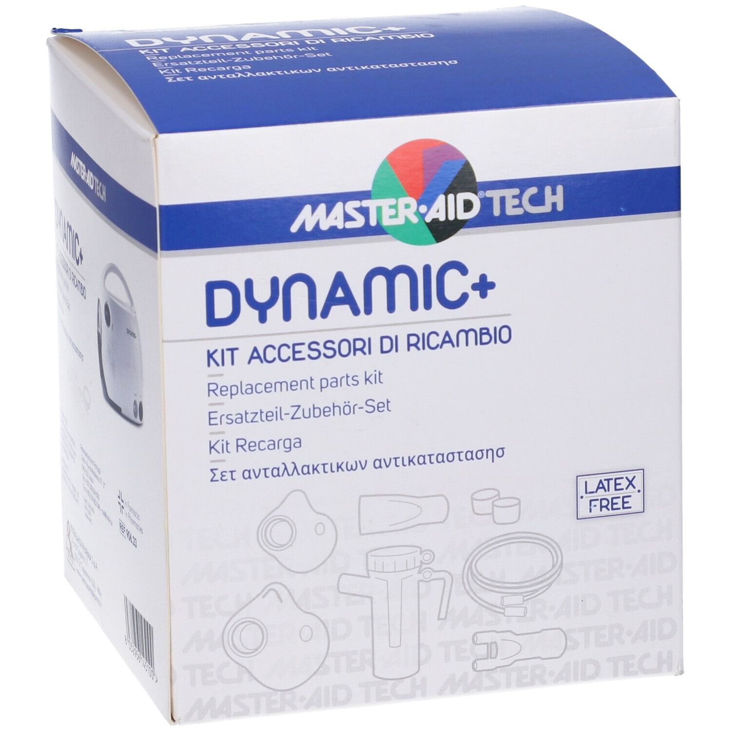 Confezione con nome prodotto Dynamic+ e logo. Contiene ricambi. Senza lattice.