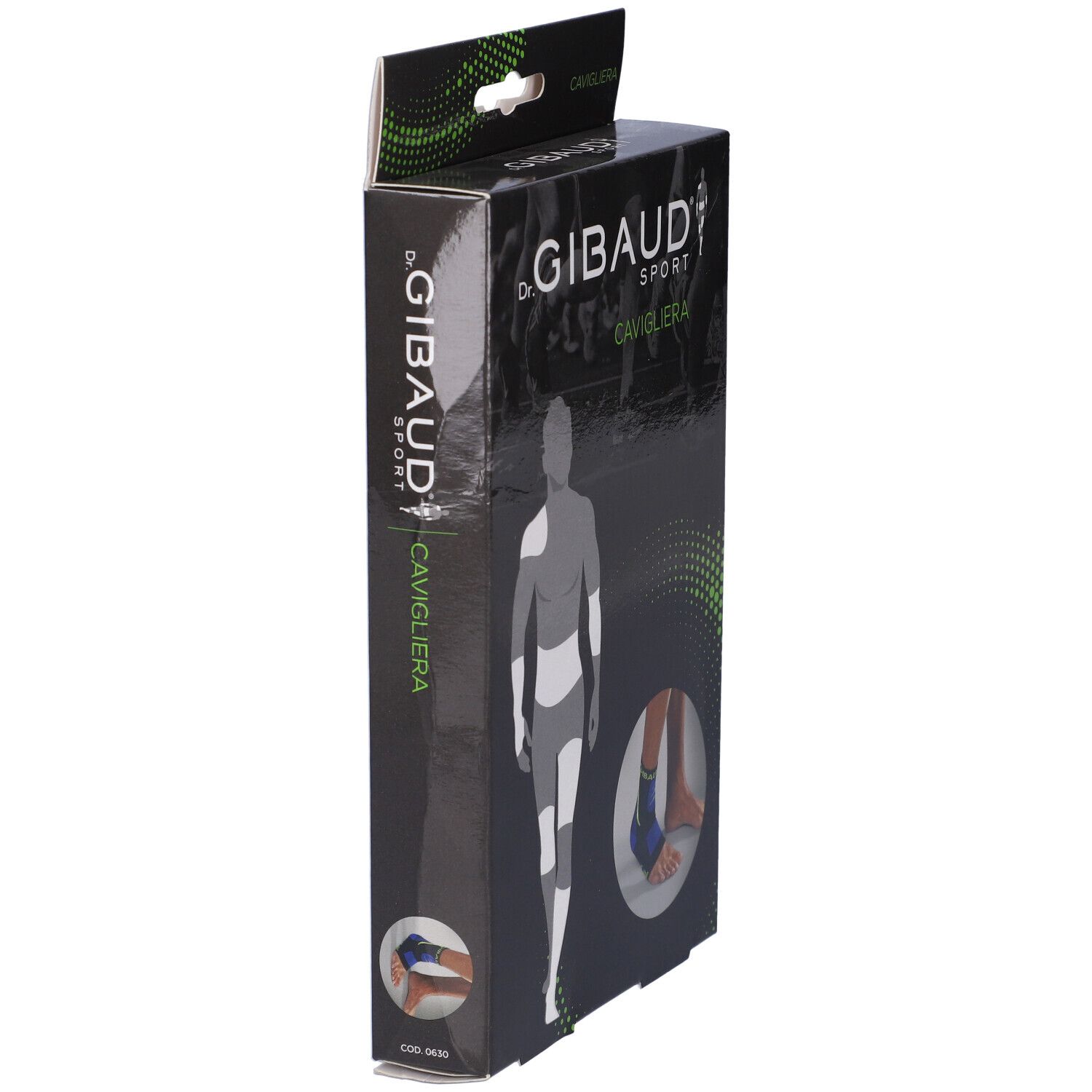 Vista laterale della confezione della cavigliera. Scatola nera con logo "Dr. Gibaud Sport".