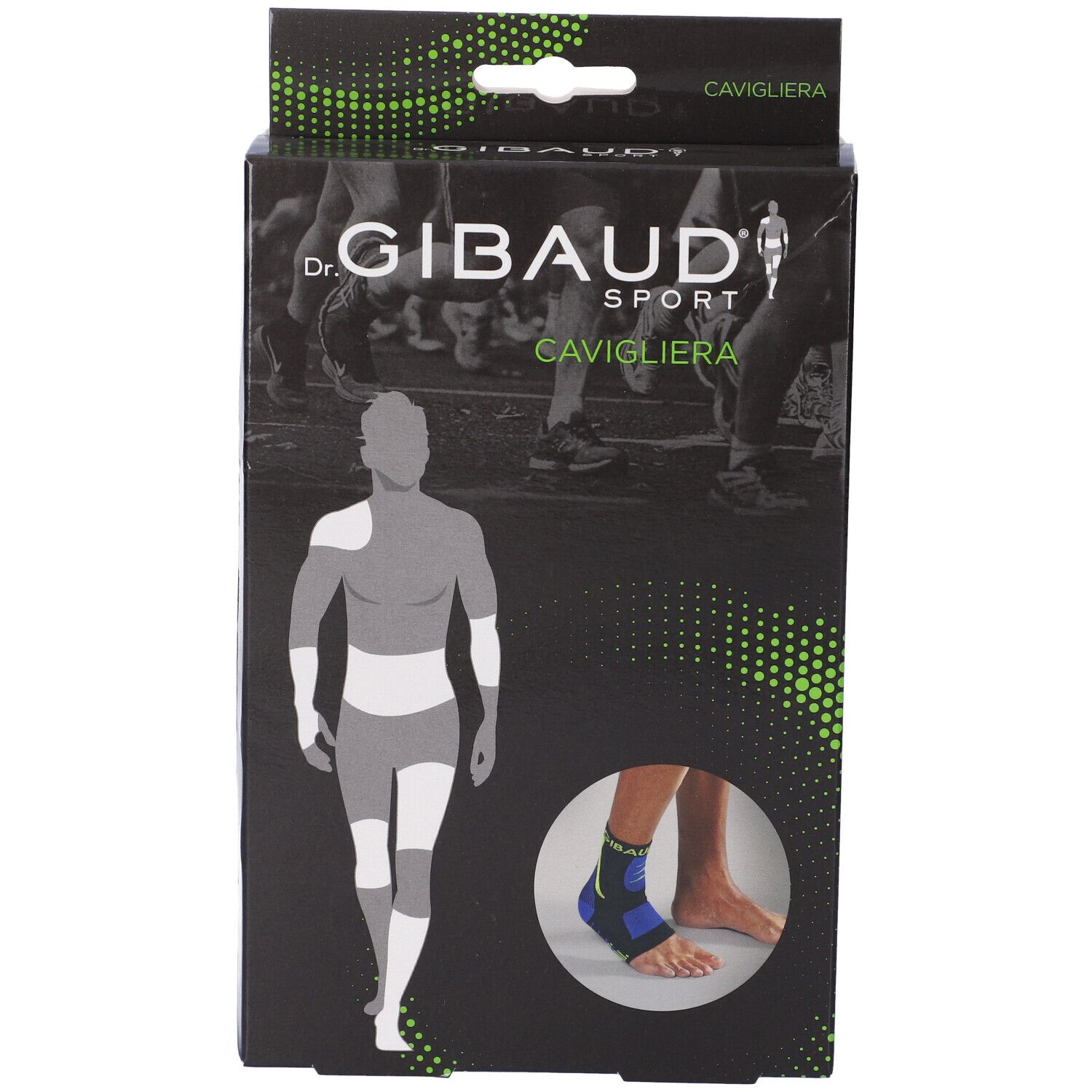 Confezione della cavigliera. Scatola nera con immagine del prodotto e logo "Dr. Gibaud Sport".