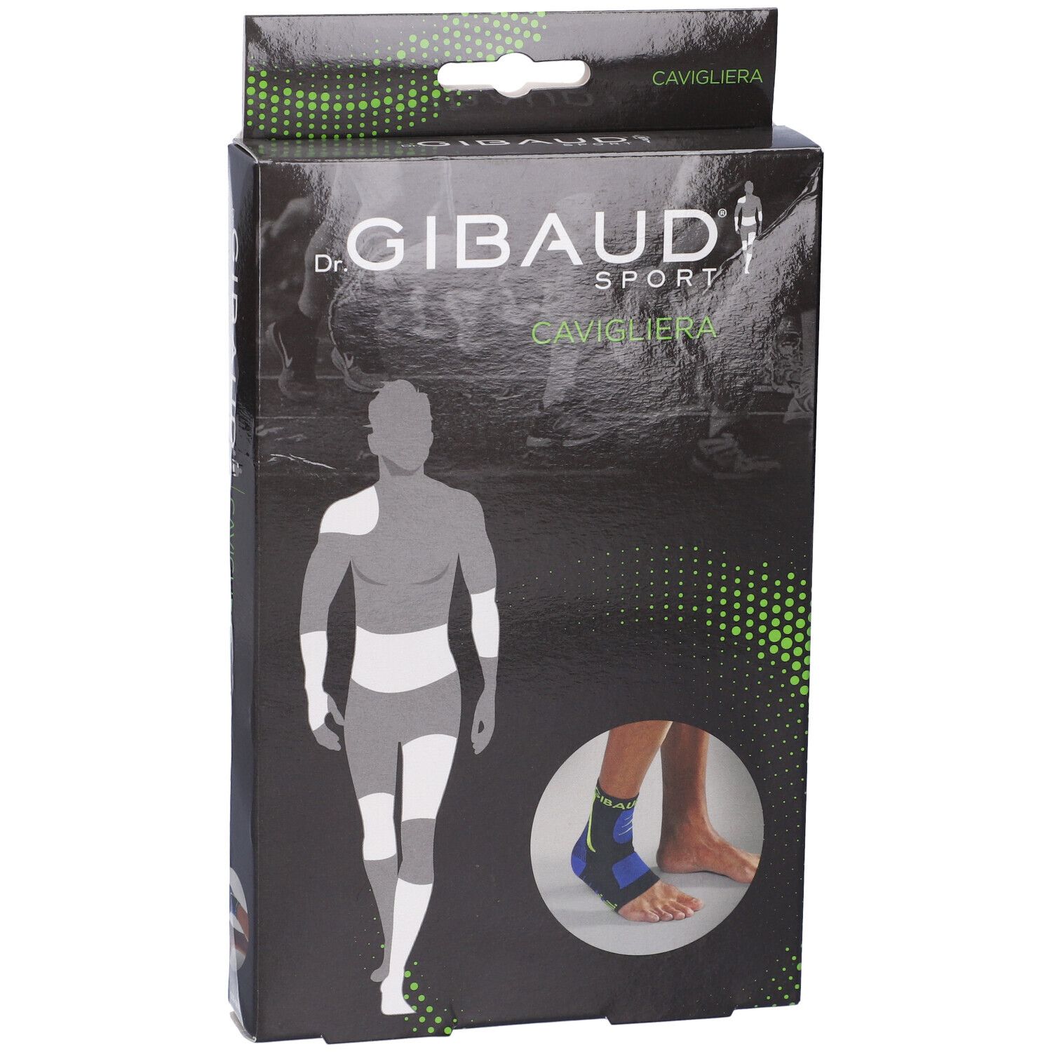 Confezione della cavigliera. Scatola nera con immagine del prodotto e logo "Dr. Gibaud Sport".