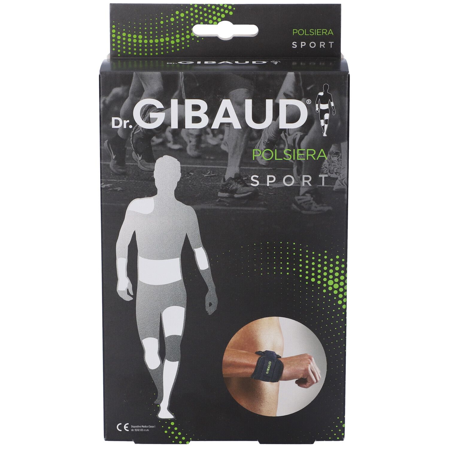 Vista frontale della confezione Polsiera Dr. Gibaud Sport. Scatola nera con immagine e logo del prodotto. Dettagli verdi e bianchi.