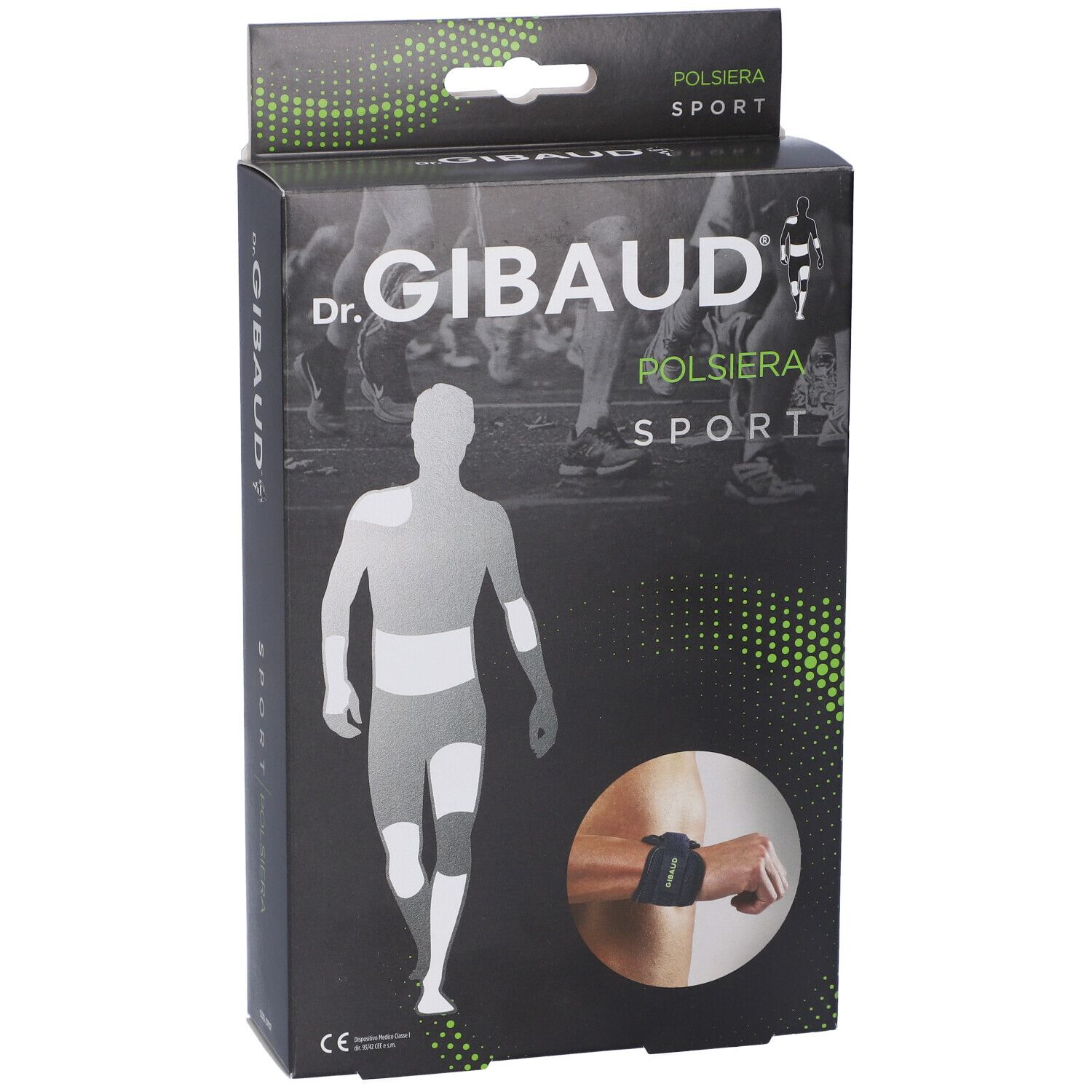 Vista frontale della confezione Polsiera Dr. Gibaud Sport. Scatola nera con immagine e logo del prodotto. Dettagli verdi e bianchi.