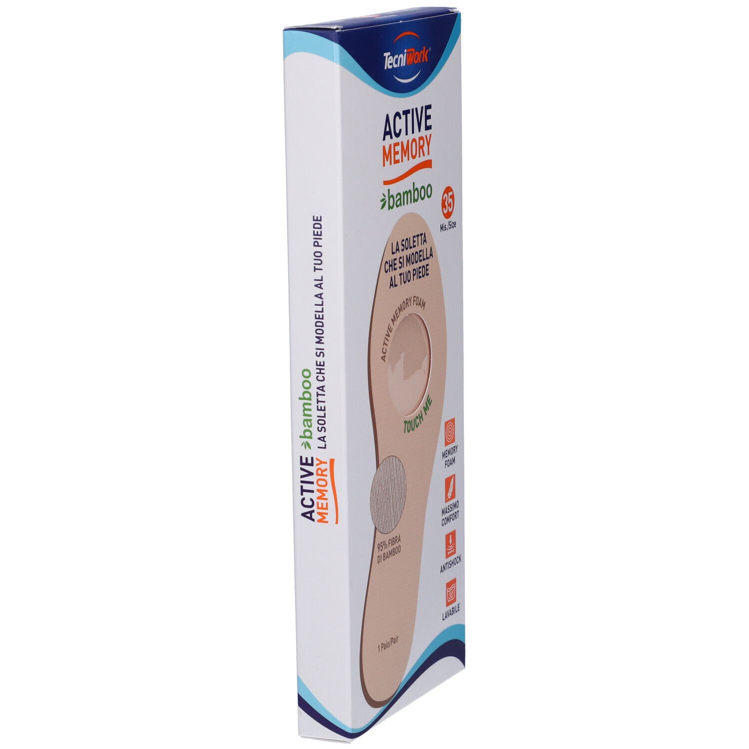Vista obliqua della confezione di solette Active Memory Bamboo, taglia 35. Forma della soletta e informazioni sul prodotto.