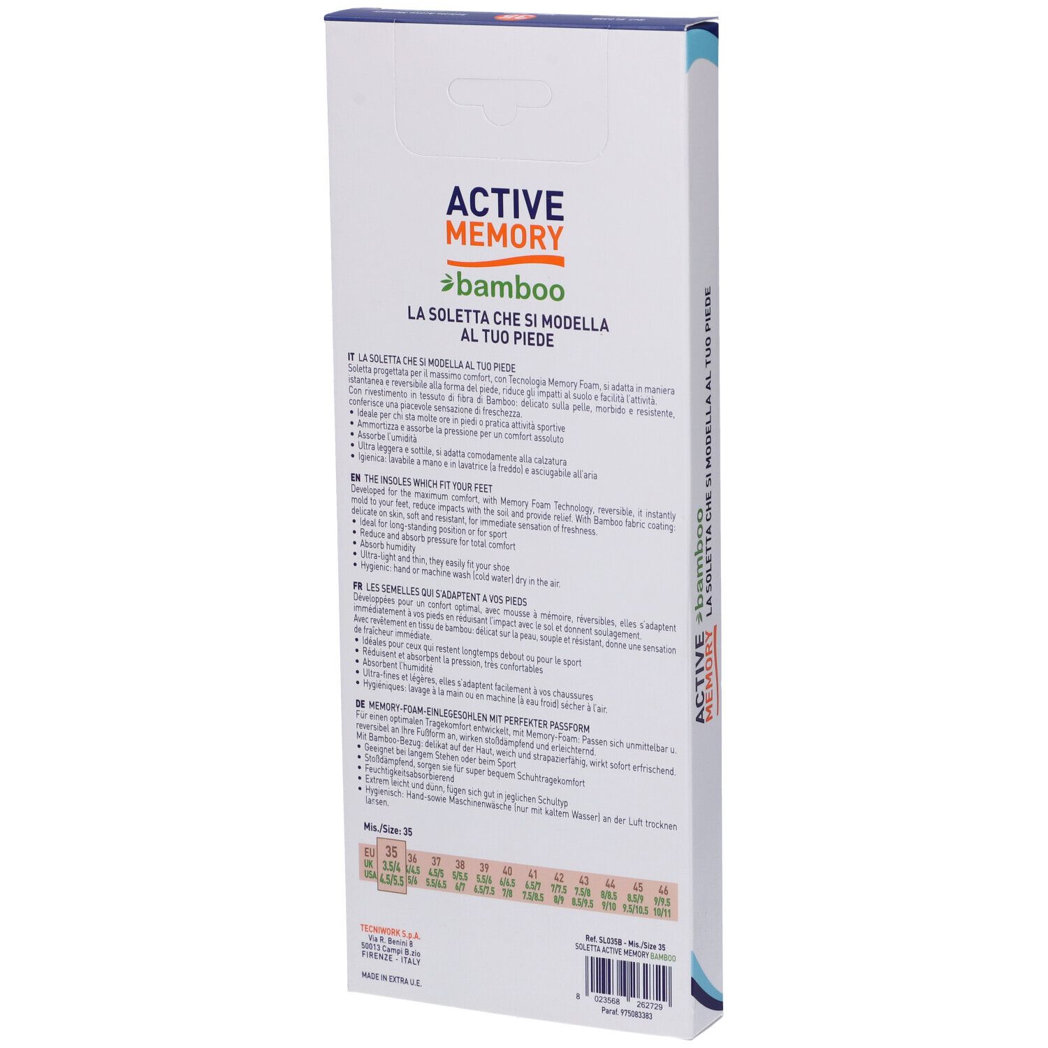 Retro della confezione di solette Active Memory Bamboo. Testo multilingue. Indicazioni taglie.