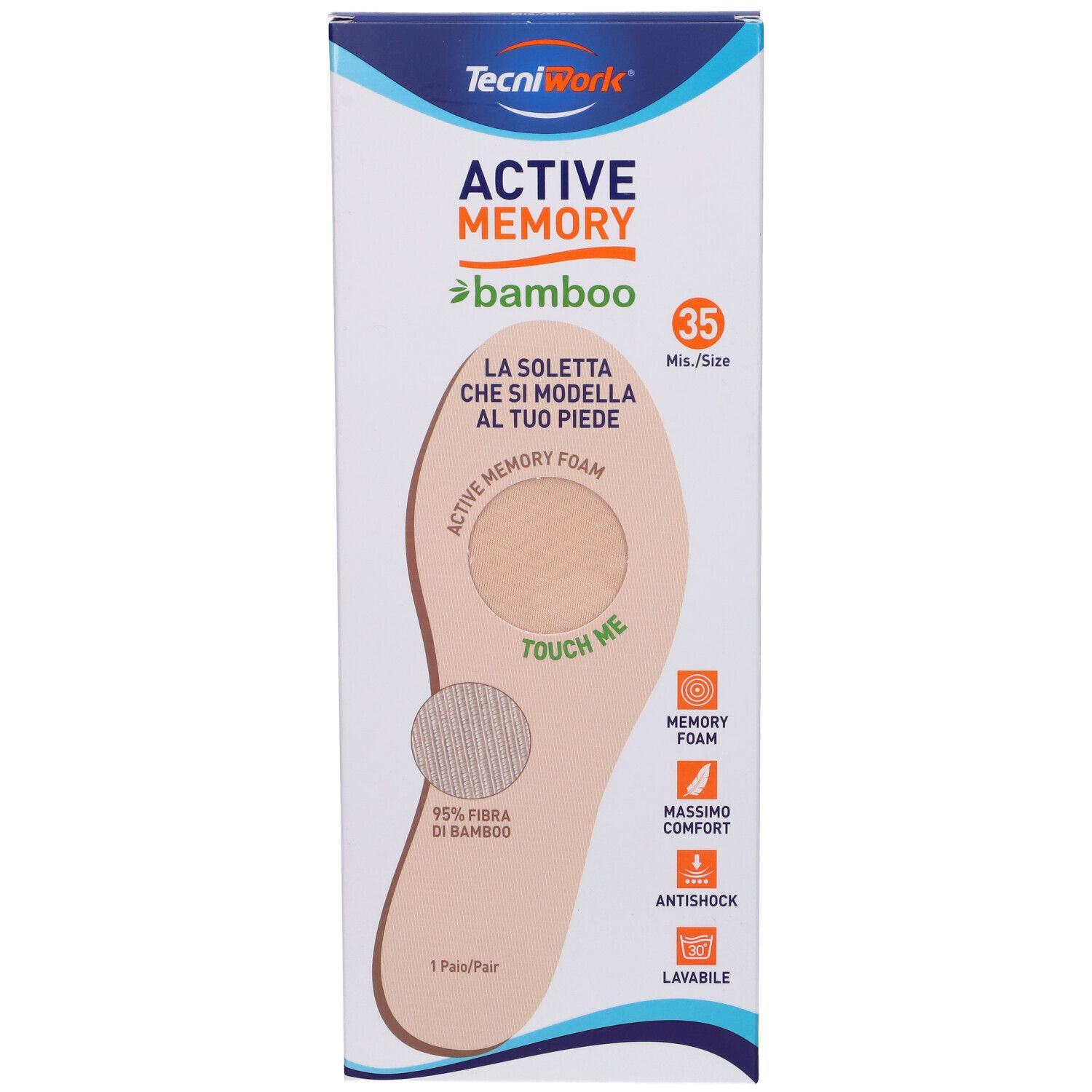 Confezione di solette Active Memory Bamboo, taglia 35. Soletta con memory foam e fibra di bambù. 'Touch Me'.