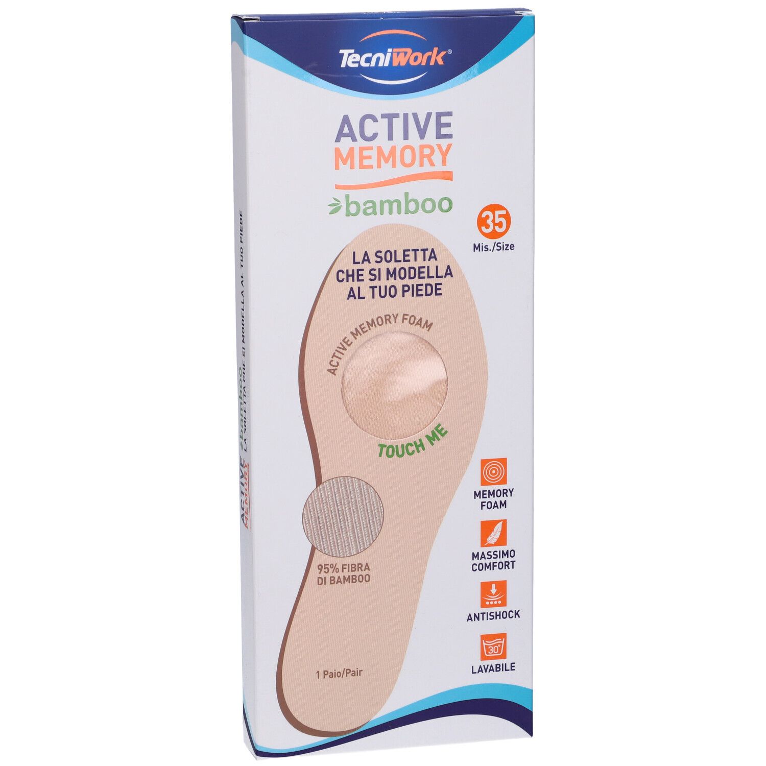 Confezione di solette Active Memory Bamboo, taglia 35. Soletta con memory foam e fibra di bambù. 'Touch Me'.