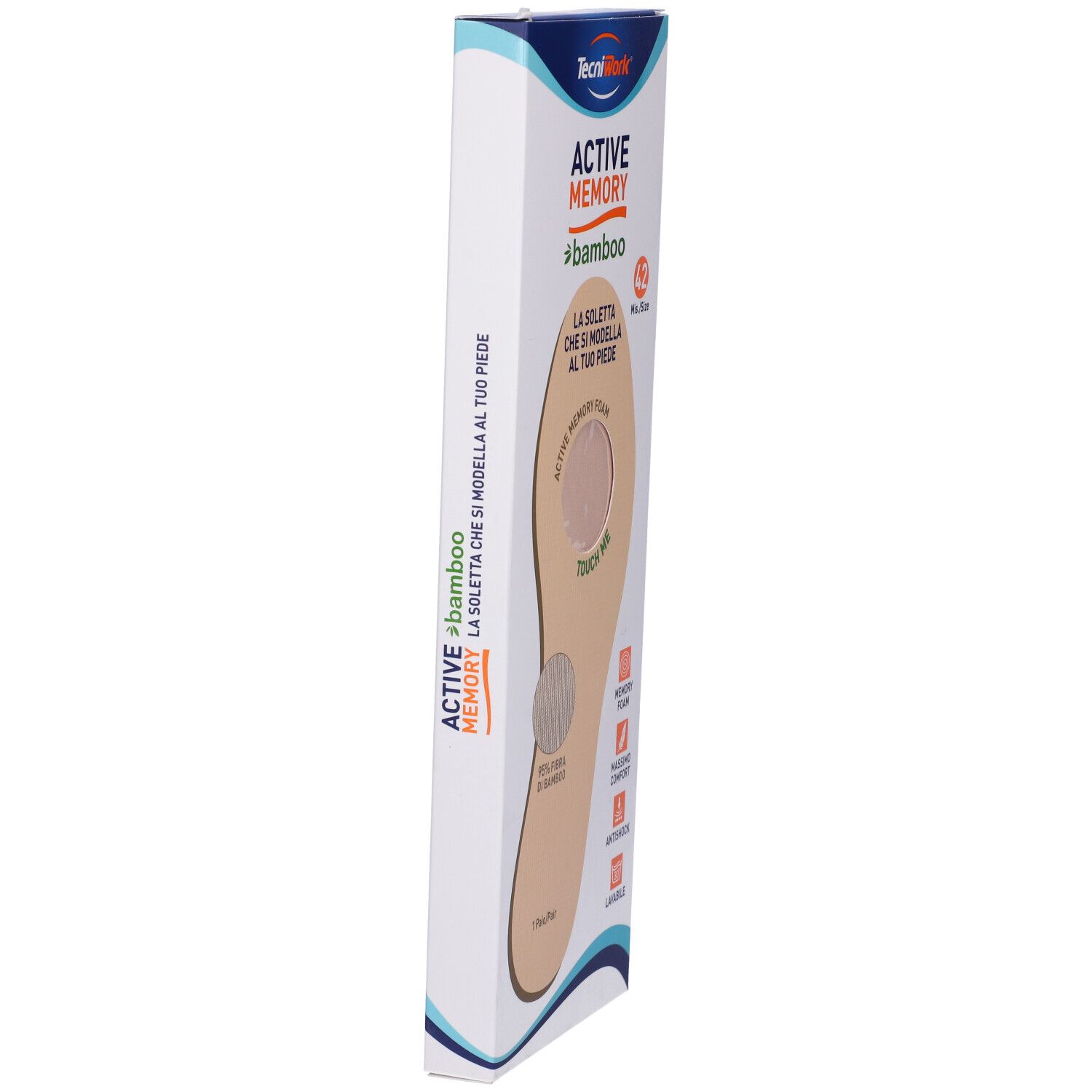 Confezione con soletta. Scritta: Active Memory Bamboo, taglia 42. Vista laterale. Contiene Memory Foam, Massima Comodità, Antishock.