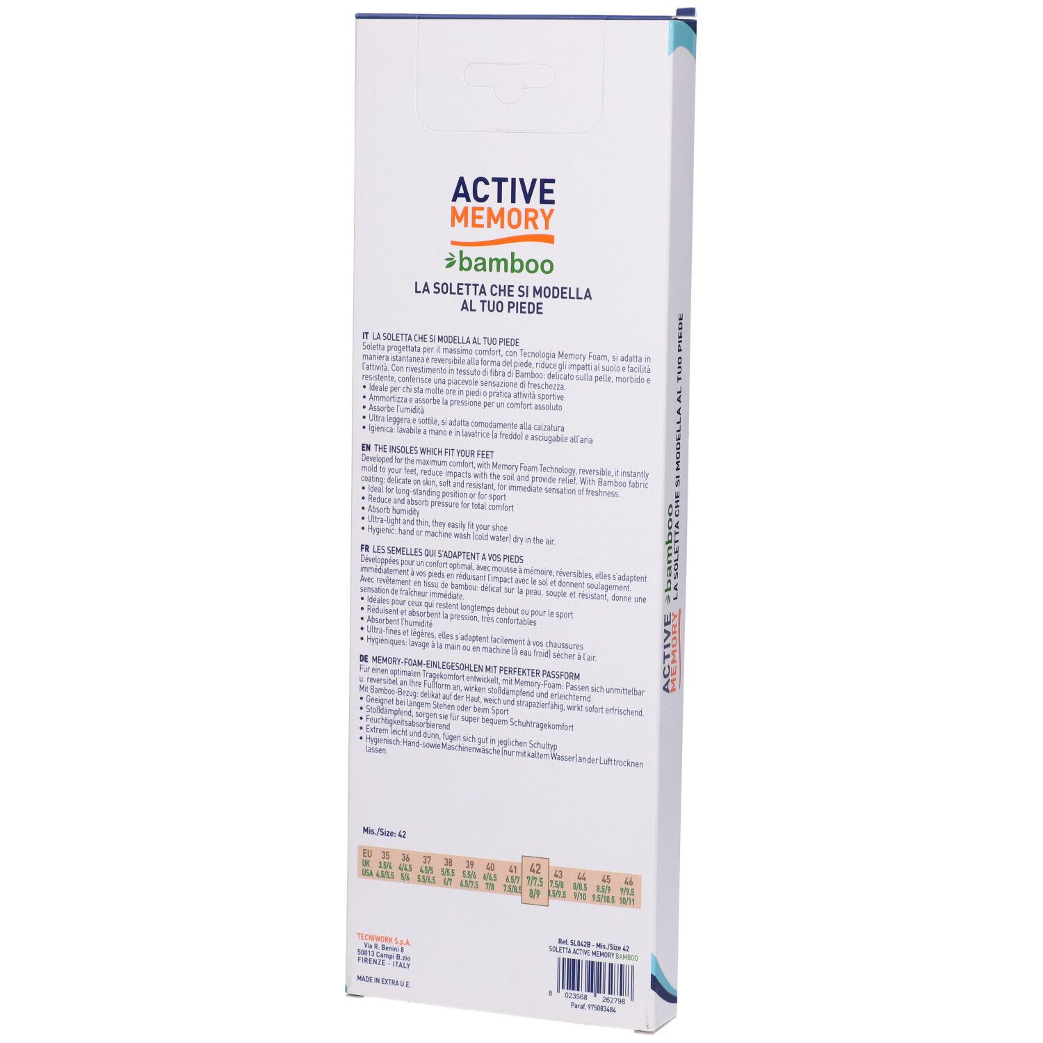Retro della confezione con testo. Scritta: Active Memory Bamboo. Informazioni sulle taglie. Contiene Memory Foam, Massima Comodità, Antishock.
