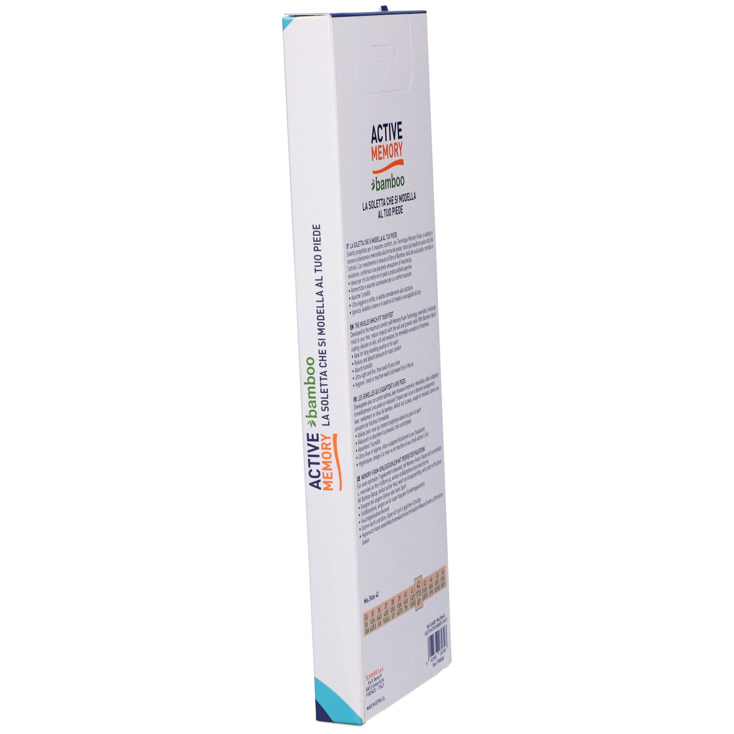 Confezione con testo. Scritta: Active Memory Bamboo. Vista laterale. Contiene Memory Foam, Massima Comodità, Antishock.