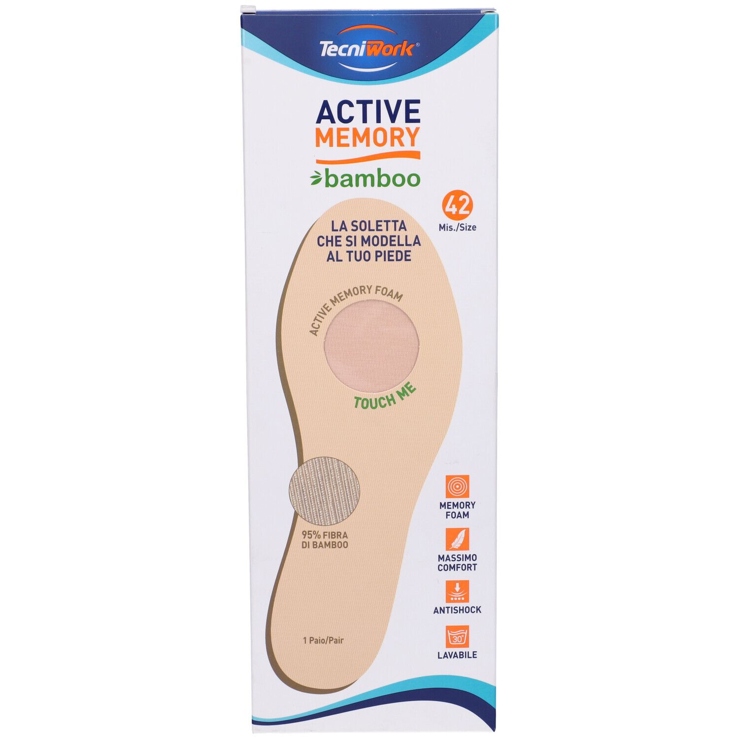 Soletta in confezione. Scritta: Active Memory Bamboo, taglia 42. Contiene Memory Foam, Massima Comodità, Antishock.