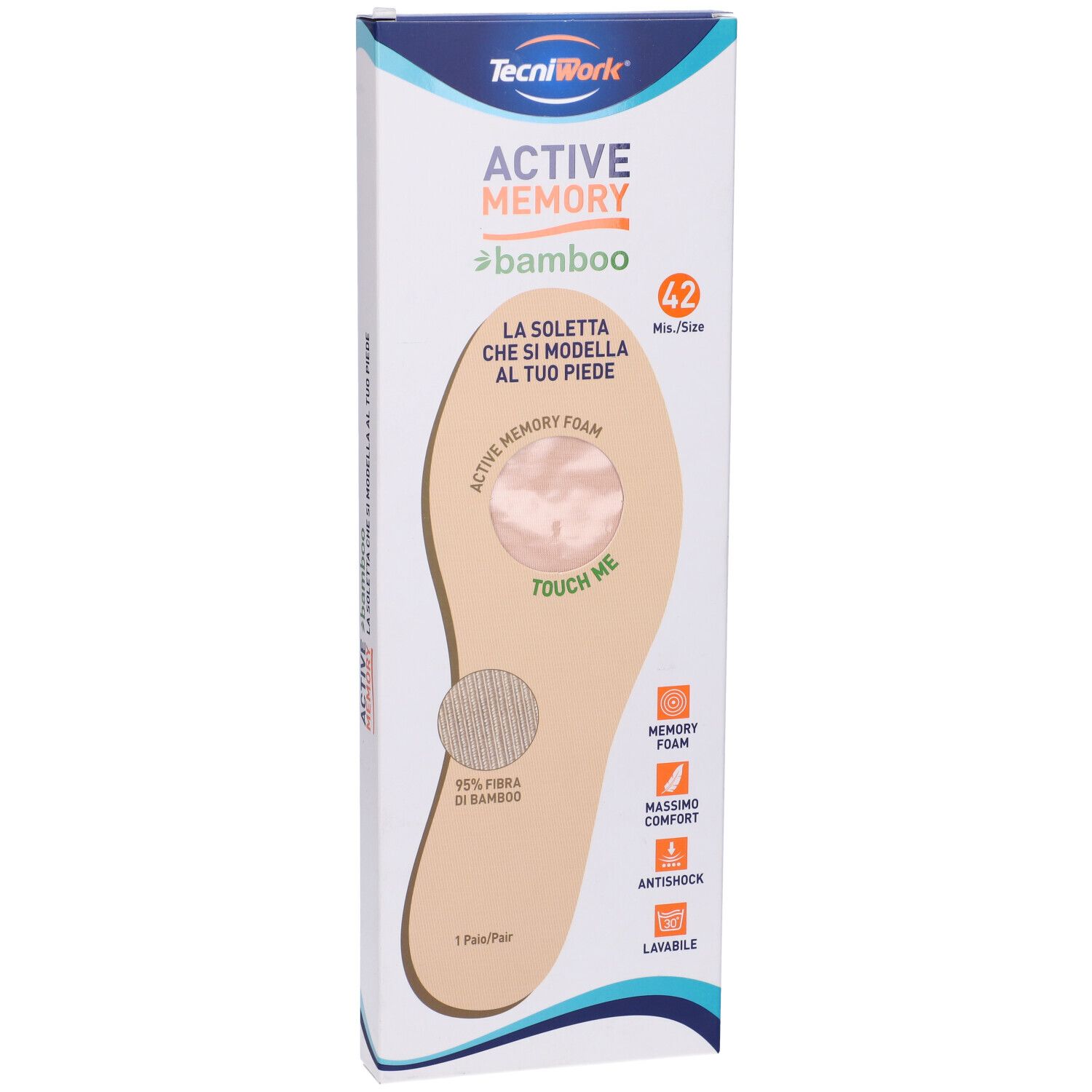 Soletta in confezione. Scritta: Active Memory Bamboo, taglia 42. Contiene Memory Foam, Massima Comodità, Antishock.