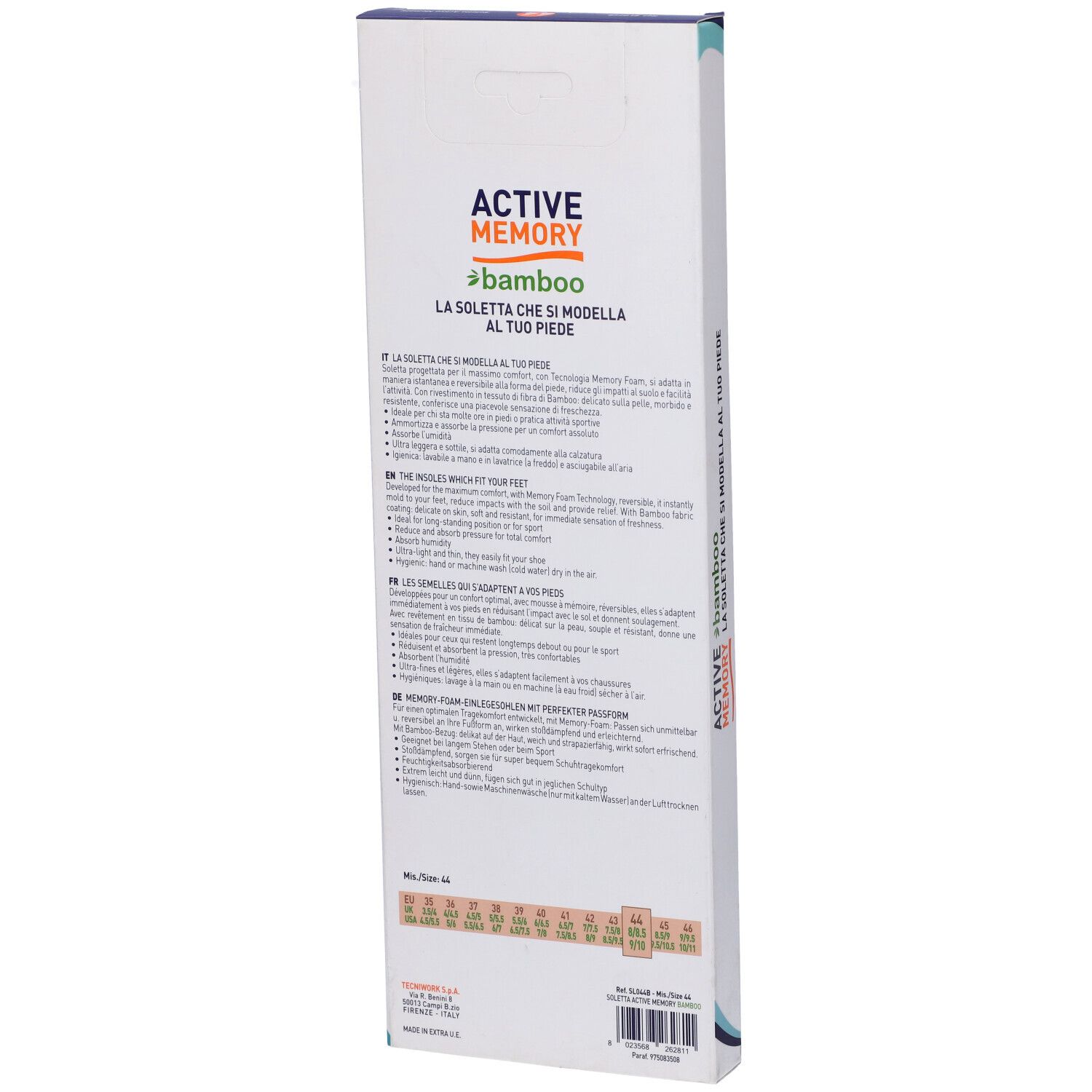 Retro della confezione Active Memory Soletta Bamboo 44. Contiene informazioni sul prodotto e taglie.