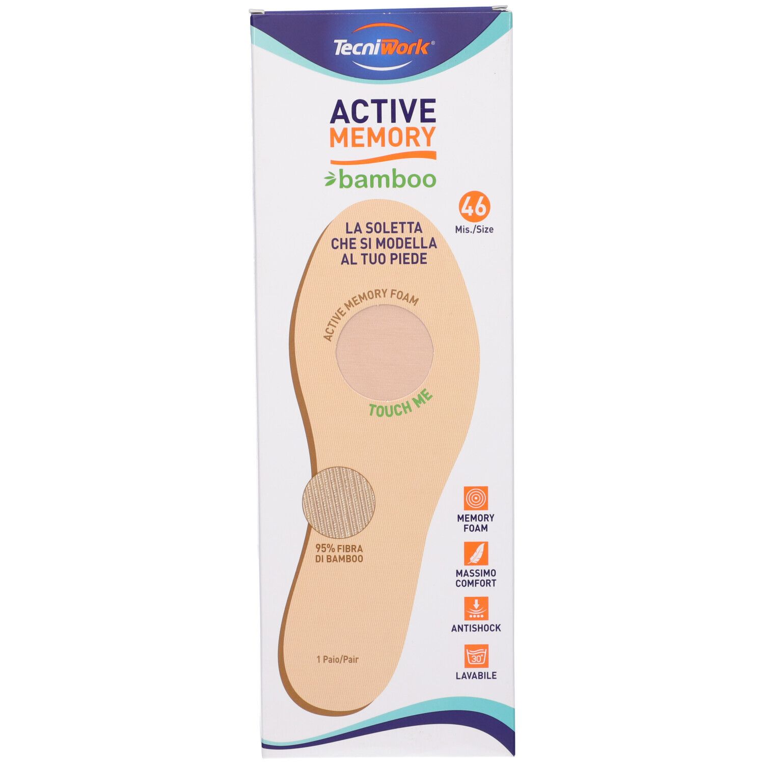 Confezione per solette Active Memory Bamboo. Contiene una soletta e informazioni sul prodotto. Taglia 46.