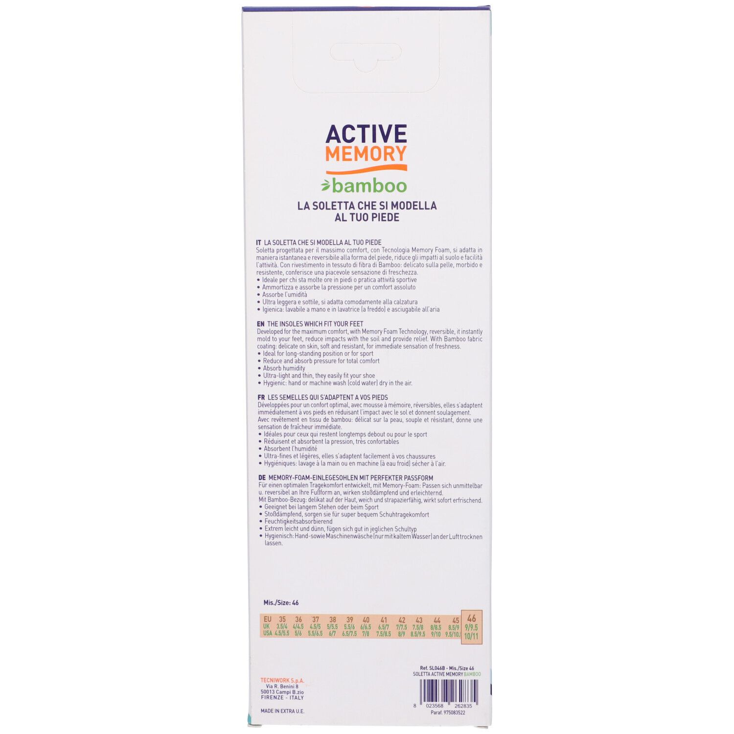 Retro della confezione delle solette Active Memory Bamboo. Testo multilingue, indicazioni taglie.