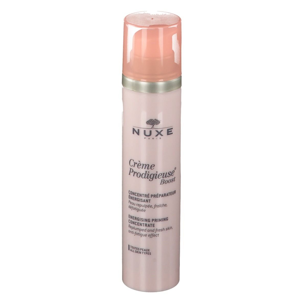Flacone rosa con dosatore. Testo: NUXE, Crème Prodigieuse Boost. Concentrato energizzante.
