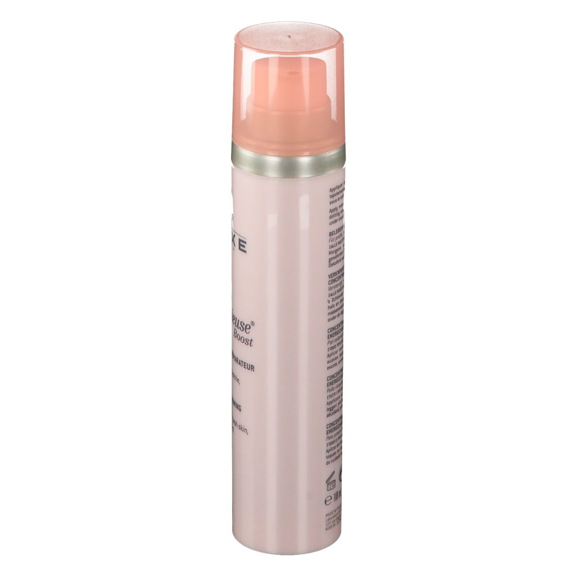 Flacone rosa con dosatore. Testo: NUXE, Crème Prodigieuse Boost. Concentrato energizzante.