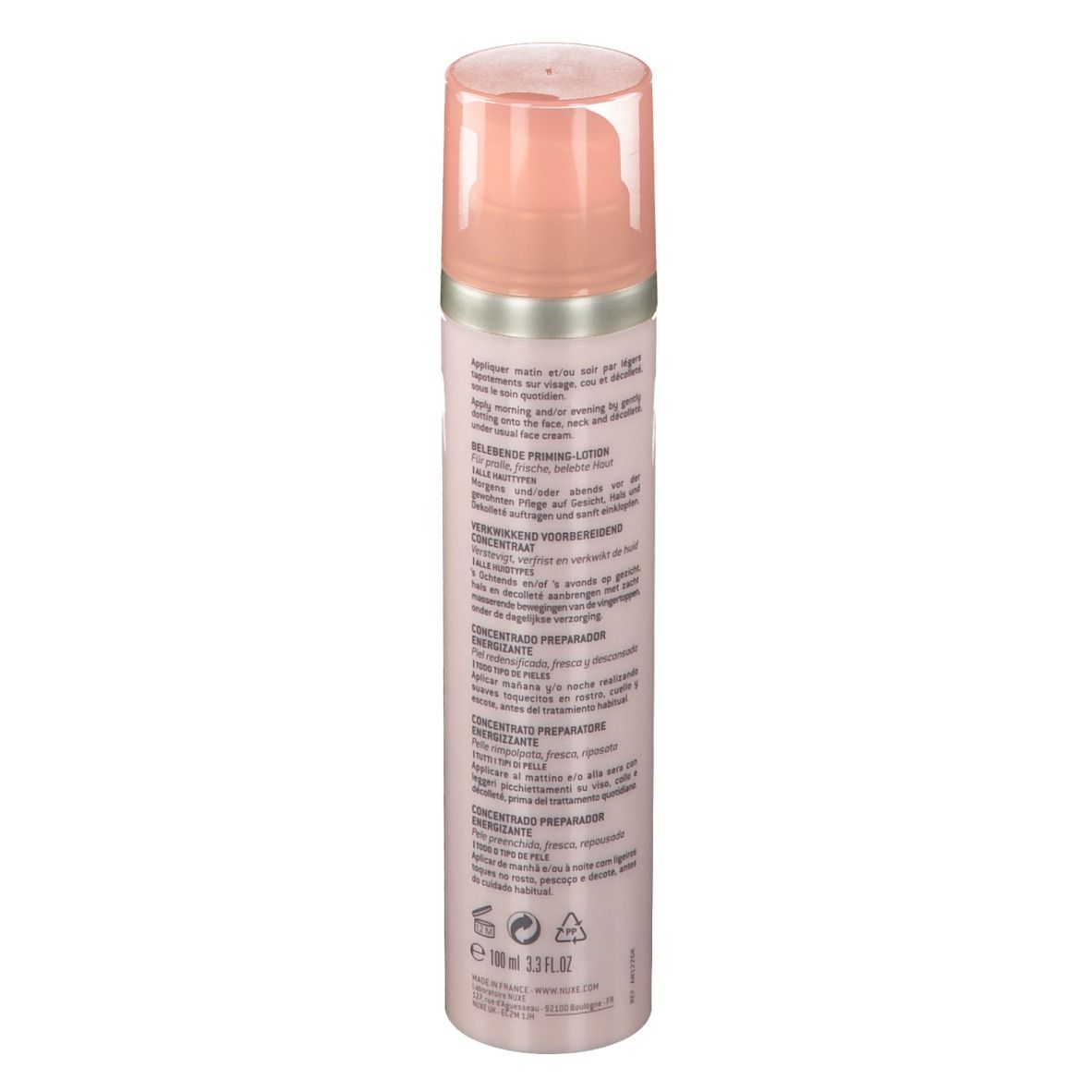 Flacone rosa con dosatore. Testo: NUXE, Crème Prodigieuse Boost. Concentrato energizzante.