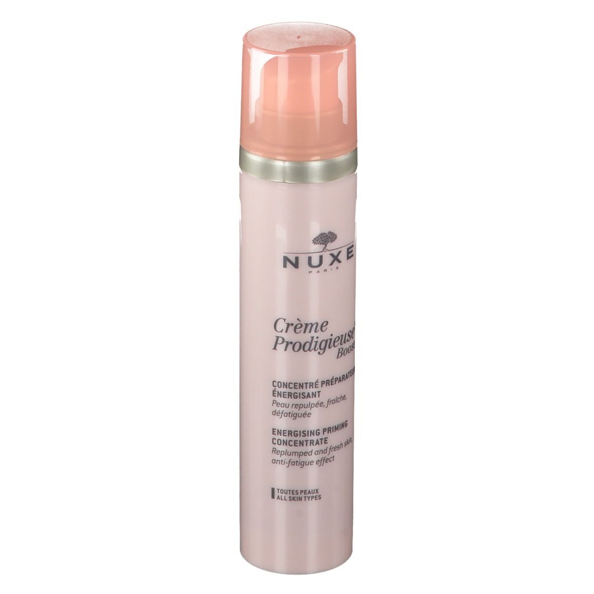 Flacone rosa con dosatore. Testo: NUXE, Crème Prodigieuse Boost. Concentrato energizzante.