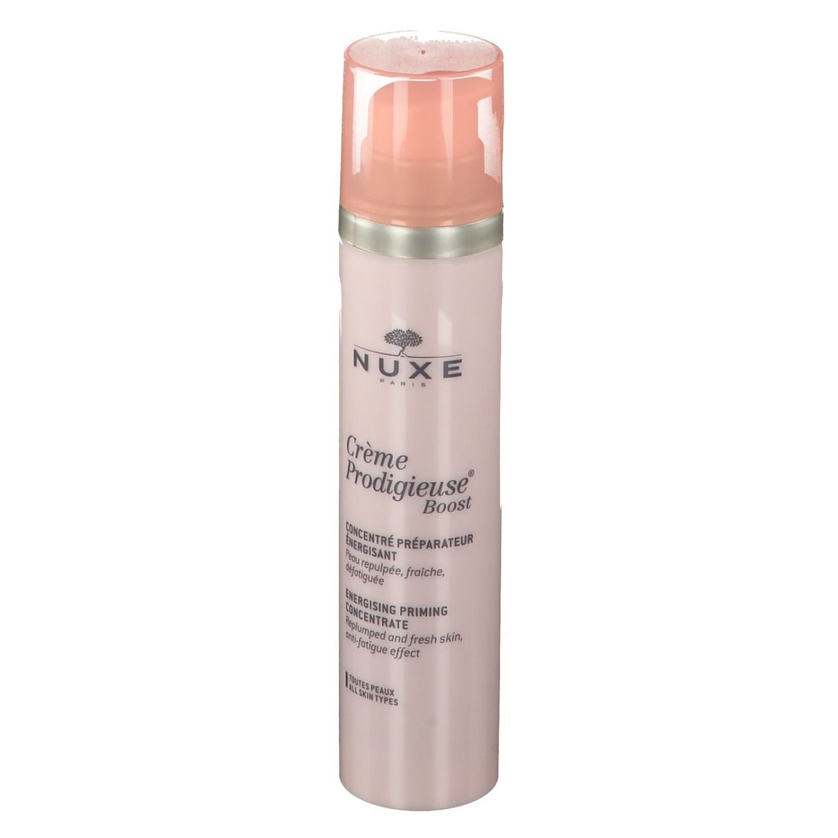 Flacone rosa con dosatore. Testo: NUXE, Crème Prodigieuse Boost. Concentrato energizzante.