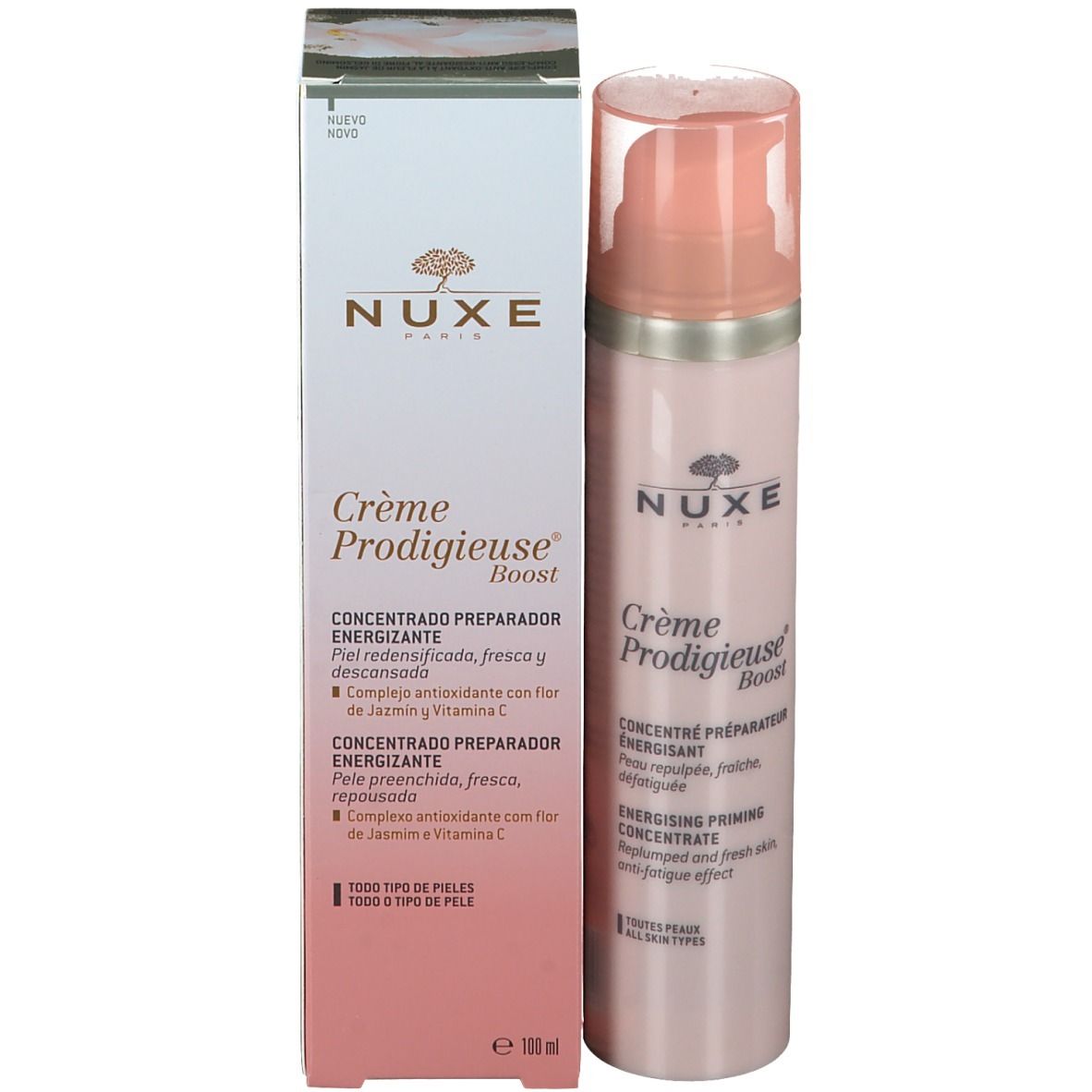 Flacone rosa con dosatore e confezione. Testo: NUXE, Crème Prodigieuse Boost. Concentrato.