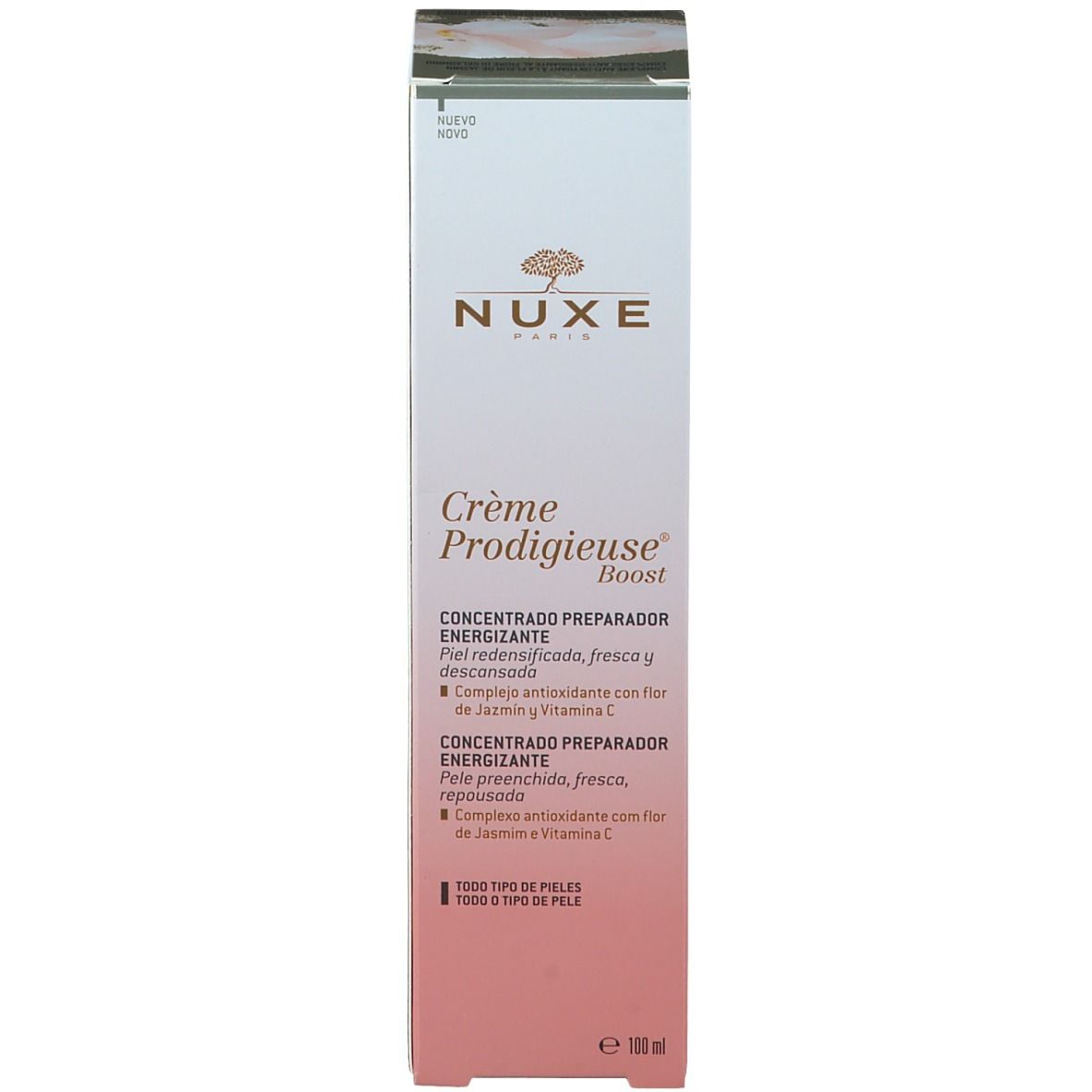 Confezione con testo: NUXE, Crème Prodigieuse Boost. Concentrato energizzante. Rosa e bianco.