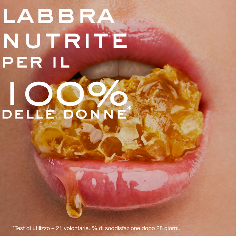 Labbra con un favo che promette idratazione al 100% delle donne.