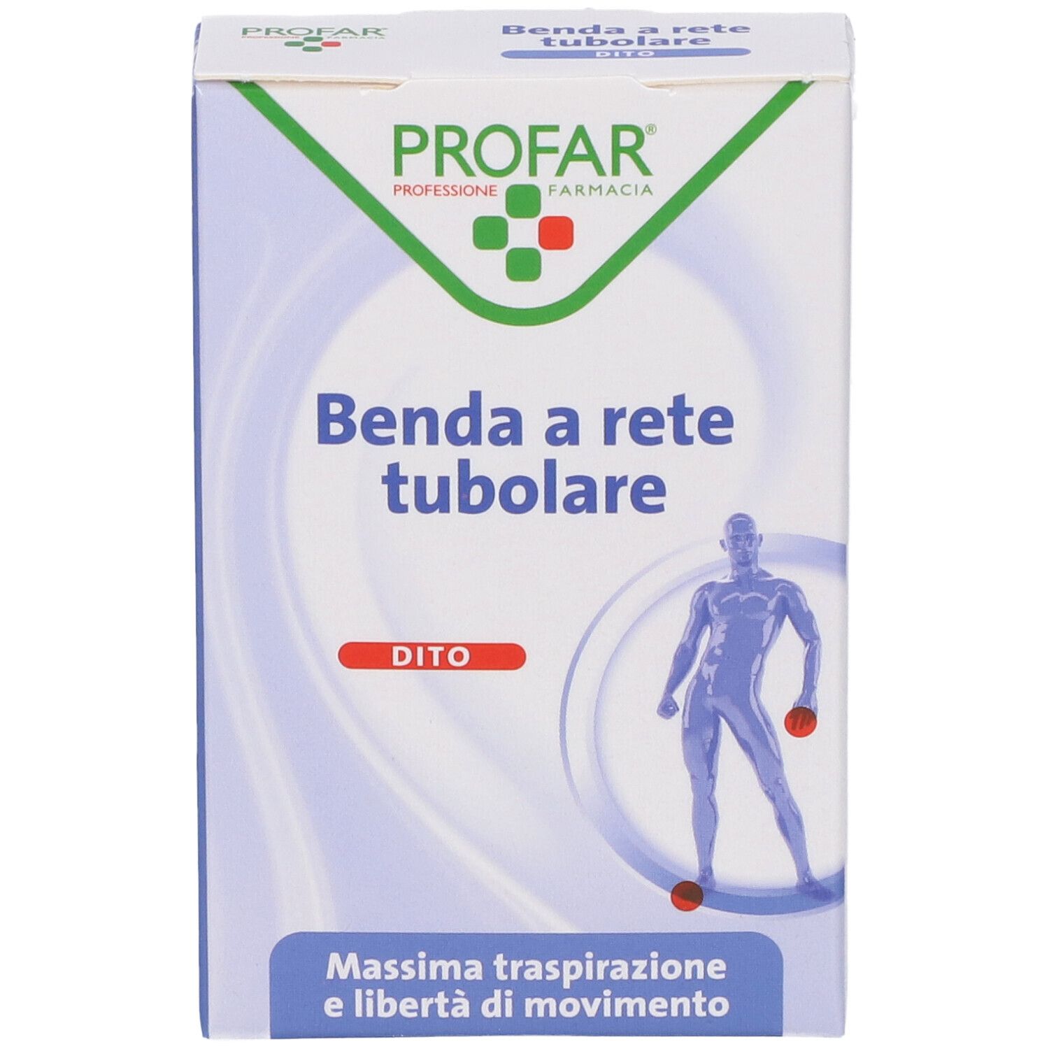 Scatola Profar Benda a rete tubolare. Scritto Dito. Immagine di un uomo.