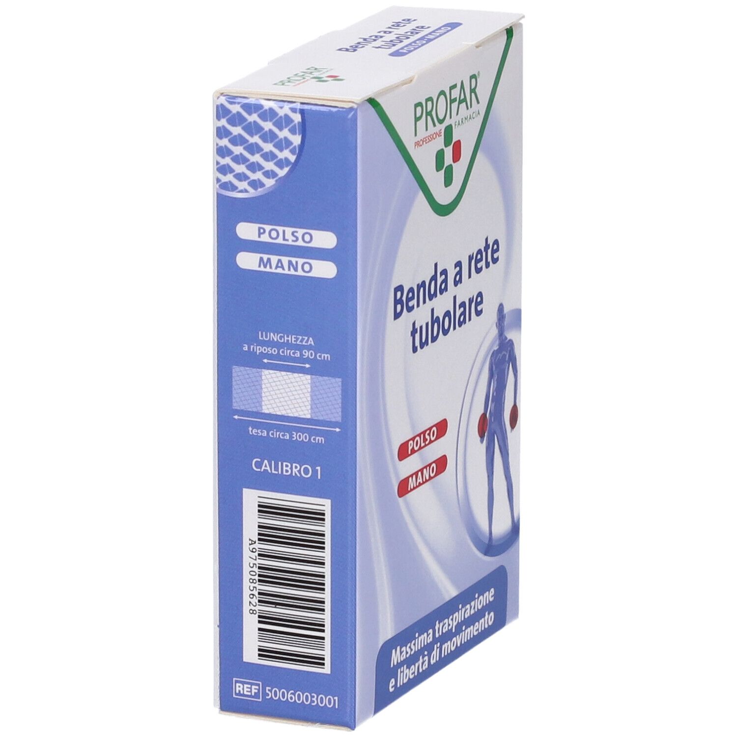 Benda tubulare Profar per polso e mano, calibro 1, 3m. Vista laterale della confezione.
