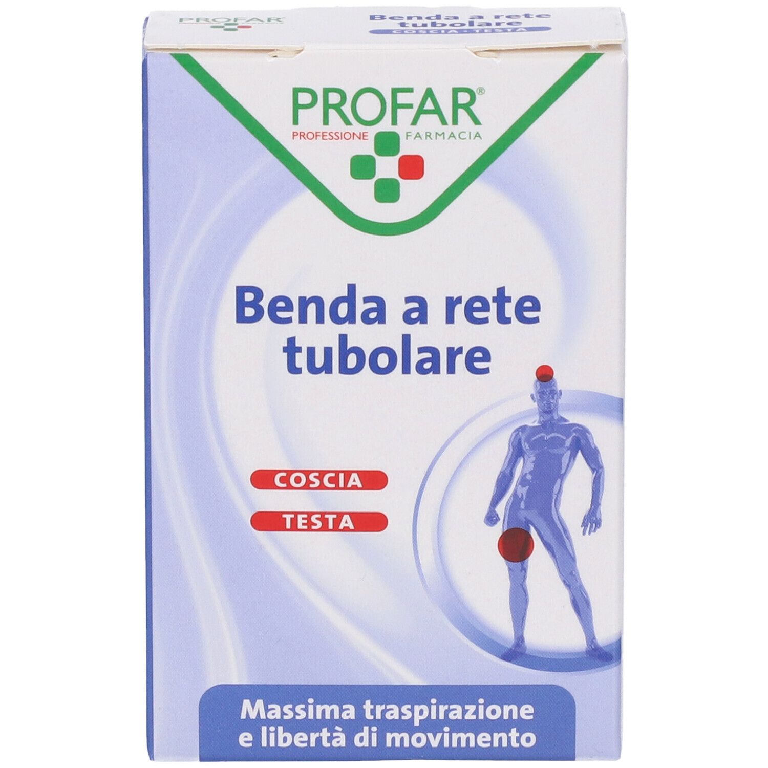 Confezione di Profar Benda a rete tubolare. Scritto: Coscia, Testa. Illustrazione di un uomo con cerchio rosso sulla coscia.