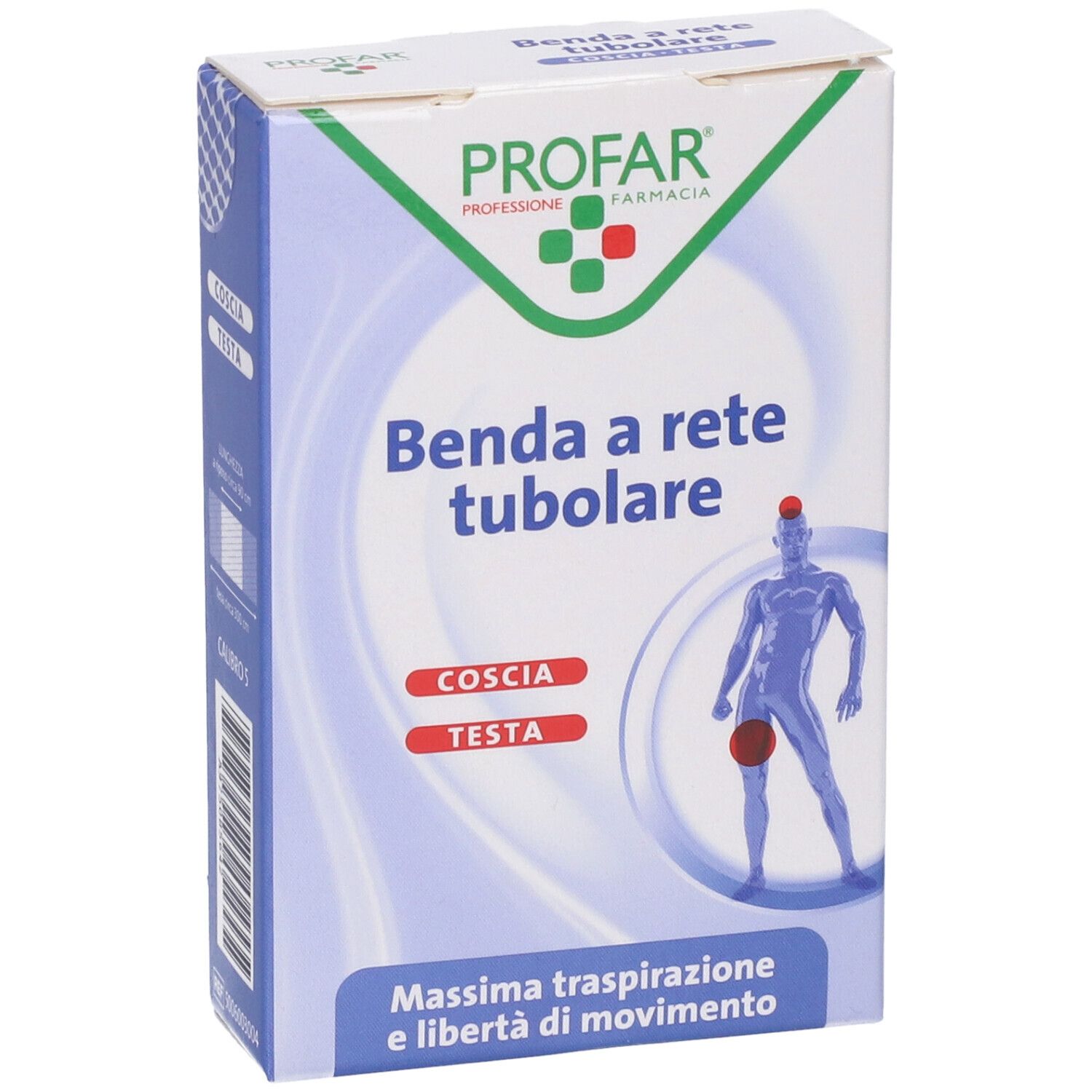 Confezione di Profar Benda a rete tubolare. Scritto: Coscia, Testa. Illustrazione di un uomo con cerchio rosso sulla coscia.