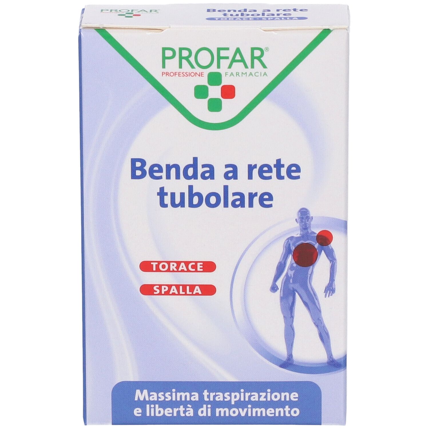 Confezione di Profar Benda a rete tubolare. Scritto: Torace, Spalla. Illustrazione di uomo con zona rossa sul torace.