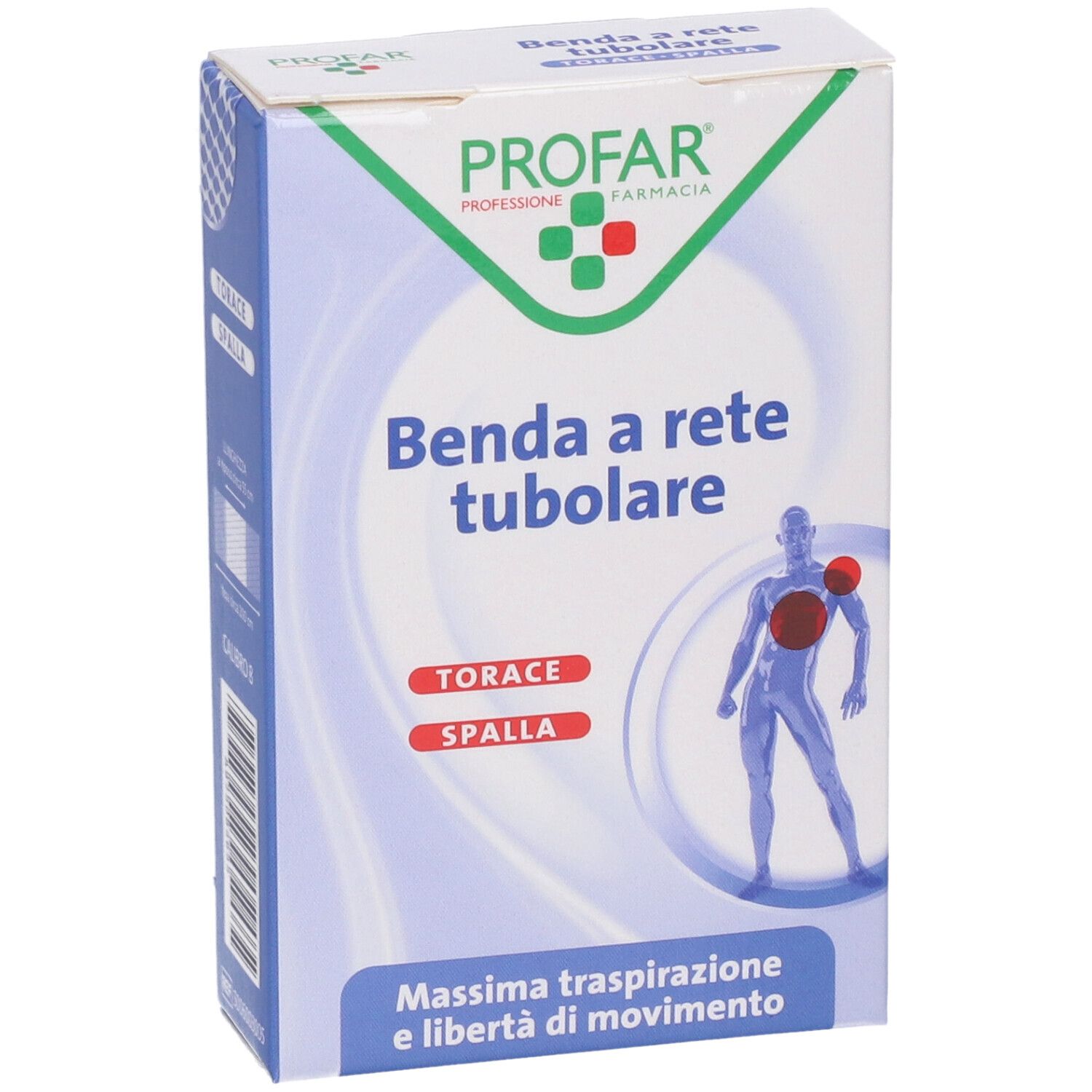 Confezione di Profar Benda a rete tubolare. Scritto: Torace, Spalla. Illustrazione di uomo con zona rossa sul torace.