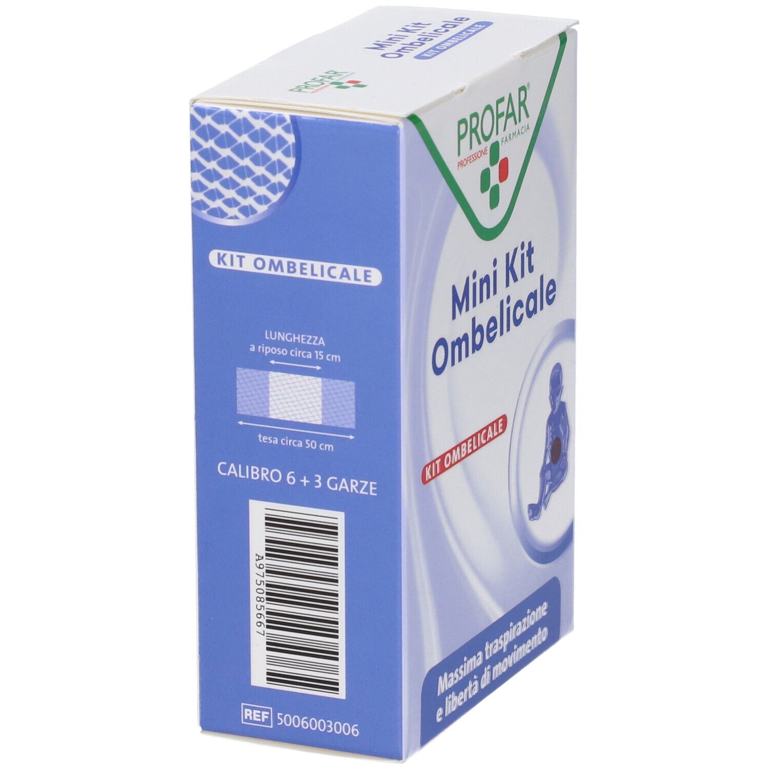 Confezione Profar Mini Kit Ombelicale, vista laterale. Informazioni su dimensioni e contenuto.