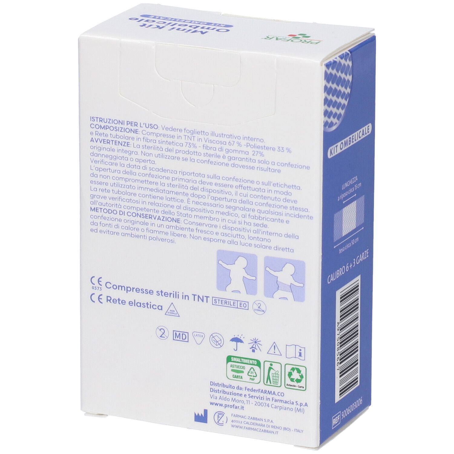 Retro della confezione Profar Mini Kit Ombelicale. Contiene informazioni e simboli.