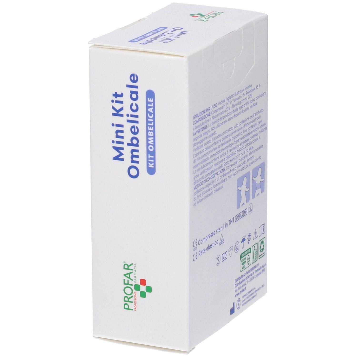 Confezione Profar Mini Kit Ombelicale, vista laterale. Contiene testo e loghi.