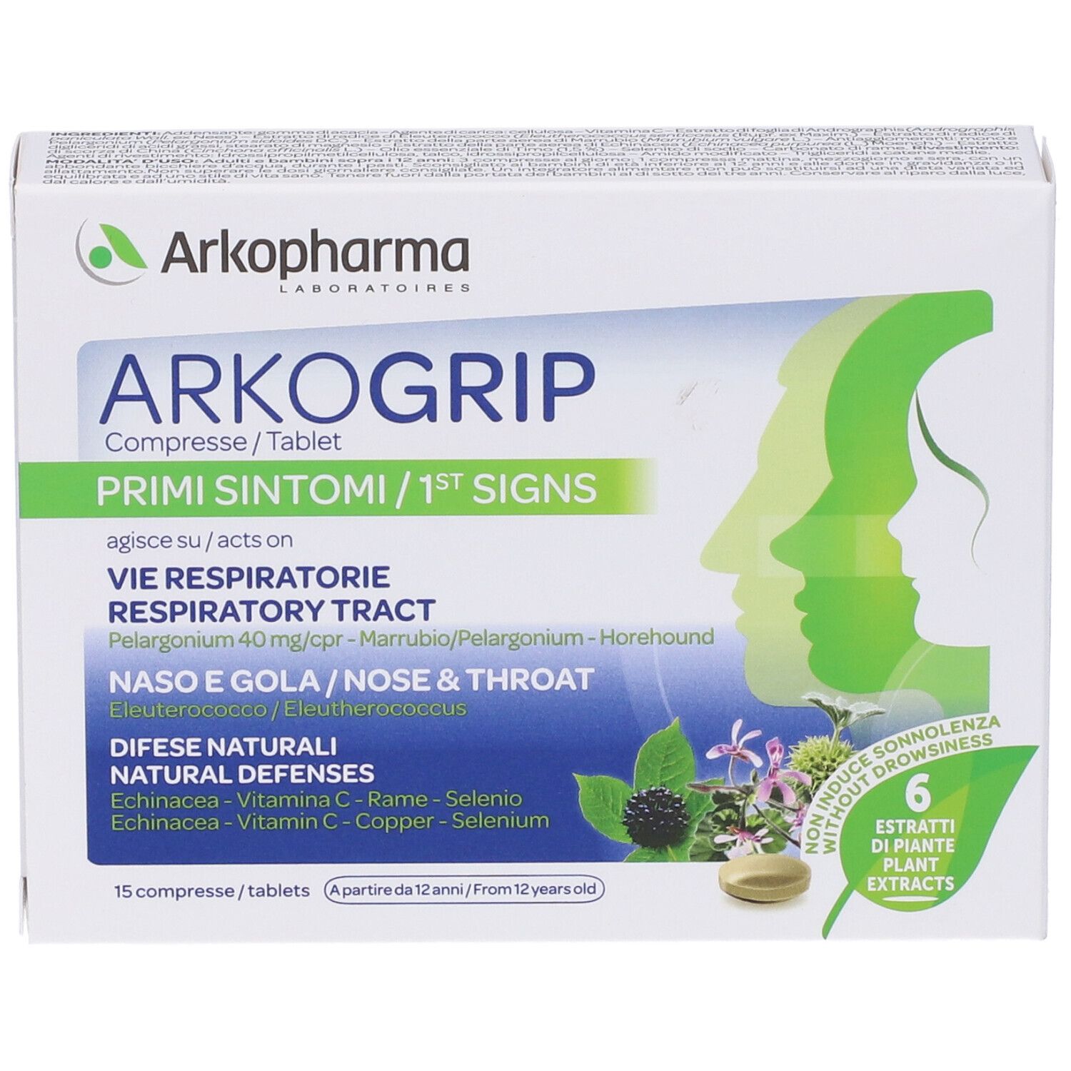 Scatola bianca Arkogrip. Scritte verdi e bianche. Illustrazioni di volti e piante. 15 compresse.