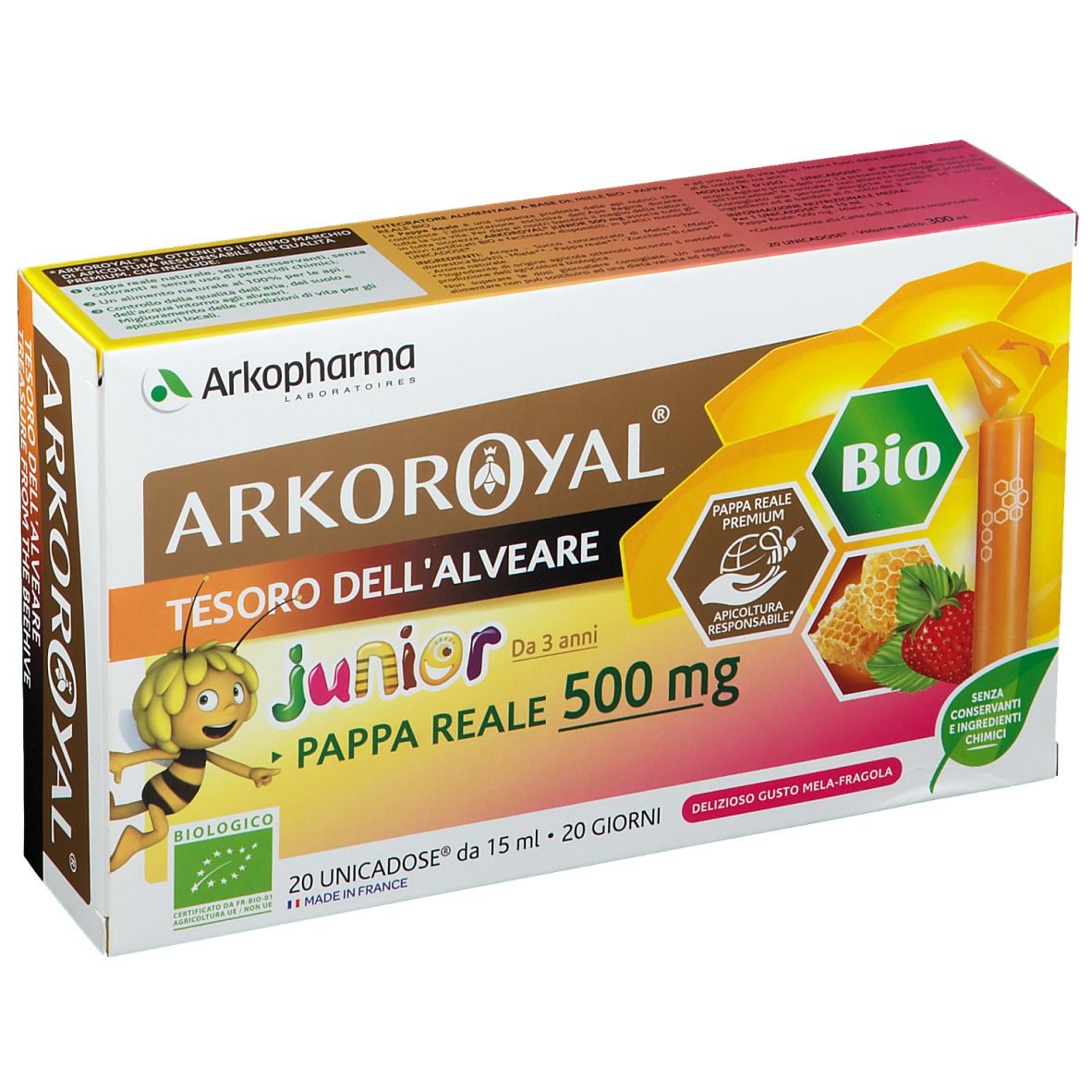 Scatola Arkopharma ARKOROYAL Junior Pappa Reale Bio. Contiene 20 monodose. Scritte: 500 mg, marchio Bio, illustrazioni.