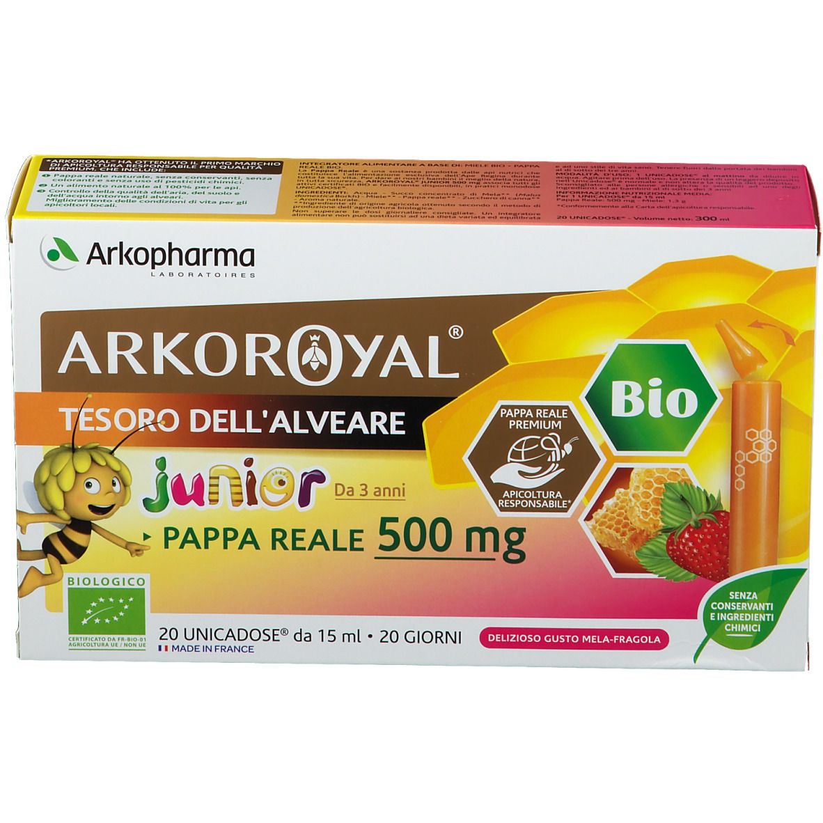 Scatola Arkopharma ARKOROYAL Junior Pappa Reale Bio. Contiene 20 monodose. Scritte: 500 mg, marchio Bio, illustrazioni.