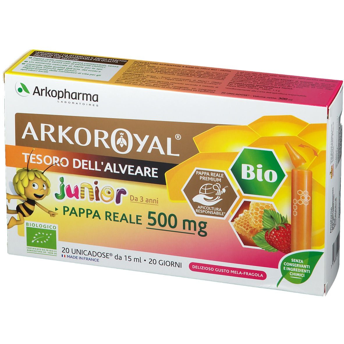 Scatola Arkopharma ARKOROYAL Junior Pappa Reale Bio. Contiene 20 monodose. Scritte: 500 mg, marchio Bio, illustrazioni.