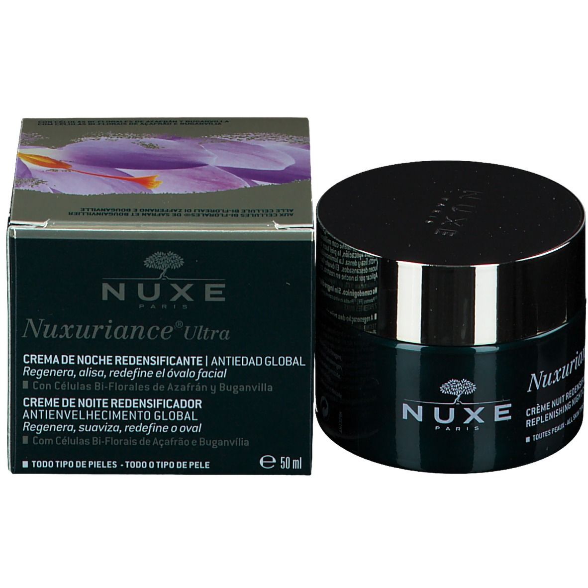 Confezione del prodotto con vaso e scatola. Scritta: NUXE, Nuxuriance Ultra, crema notte.