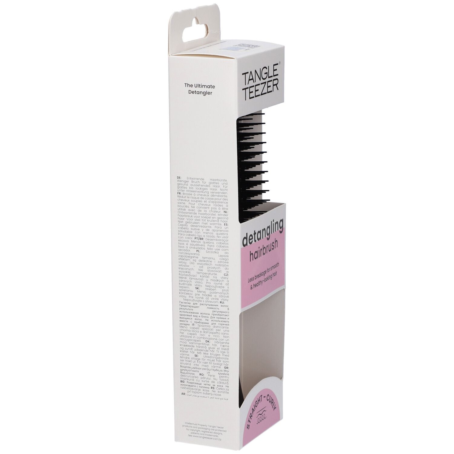 Confezione della spazzola. Marchio Tangle Teezer. Testo sul lato. Per capelli lisci e ricci.