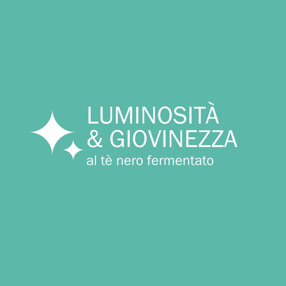 Sfondo turchese con testo: Luminosità & Giovinezza al tè nero fermentato. Stelle come elementi di design.