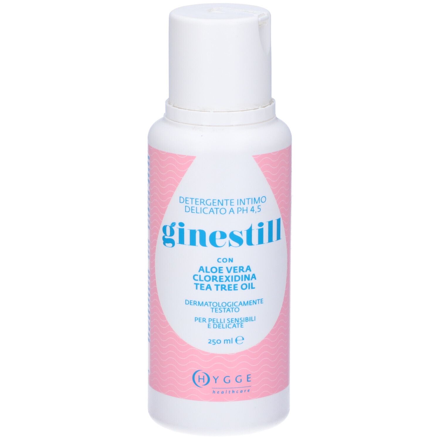 Flacone bianco con motivo a onde rosa. Scritta: Ginestill, Detergente Intimo, pH 4,5, Aloe Vera, Clorexidina, Tea Tree Oil. 250 ml.