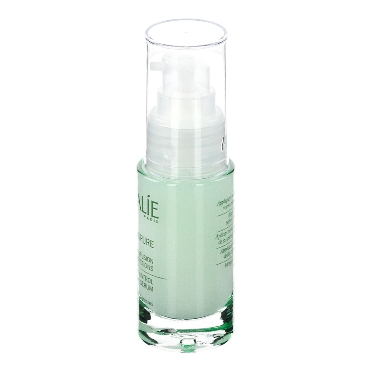 Flacone di vetro verde con erogatore. Scritte CAUDALIE, VINOPURE, Siero Anti-imperfezioni. Testo sul retro.