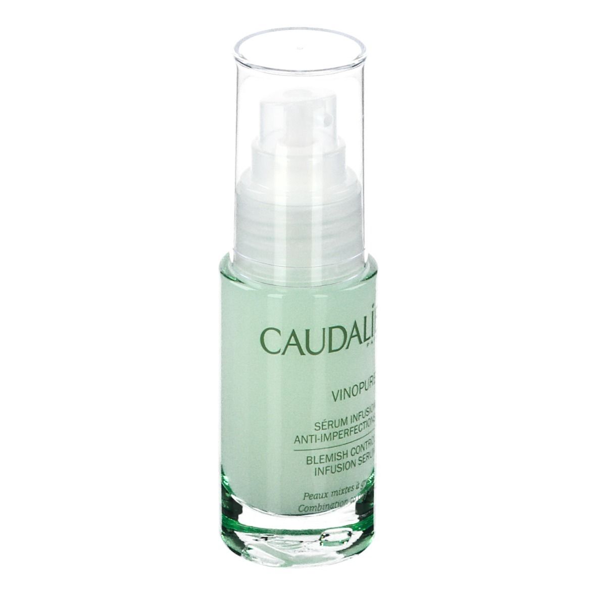 Flacone di vetro verde con erogatore. Scritte CAUDALIE, VINOPURE, Siero Anti-imperfezioni. Testo sul retro.