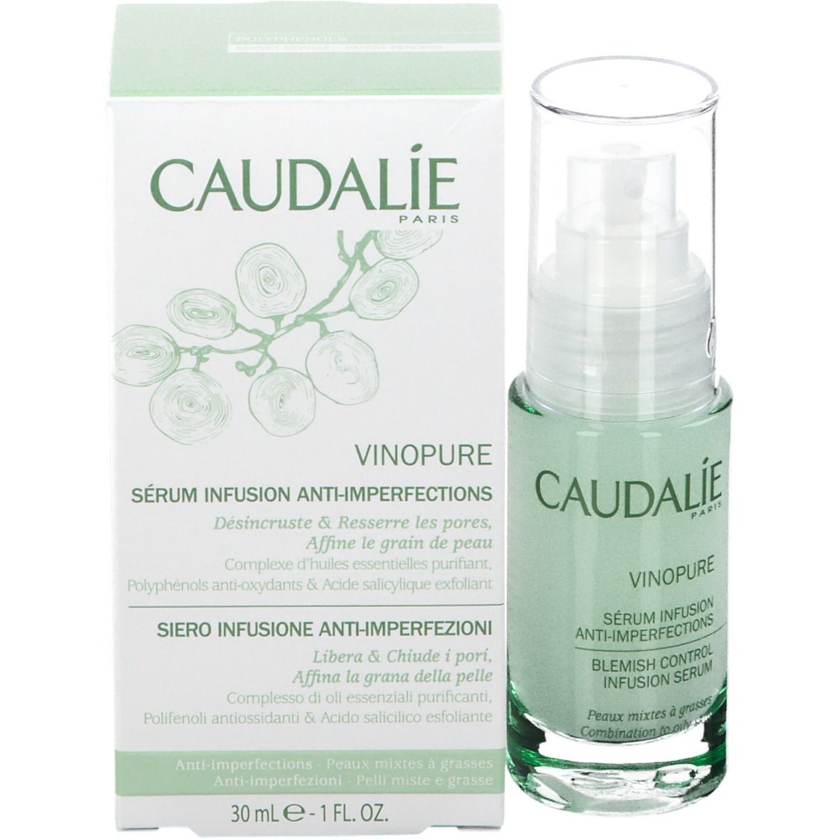 Confezione e flacone. Scritte CAUDALIE, VINOPURE, Siero Anti-imperfezioni. 30 ml.